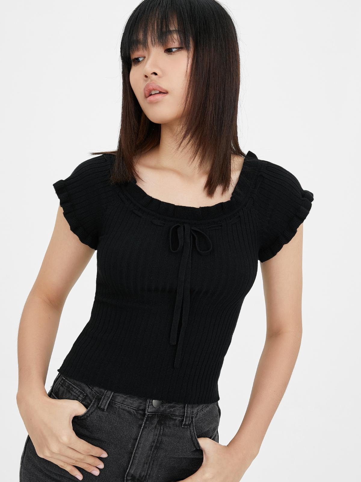 Ruffled Front Bow Tie Blouse - Black