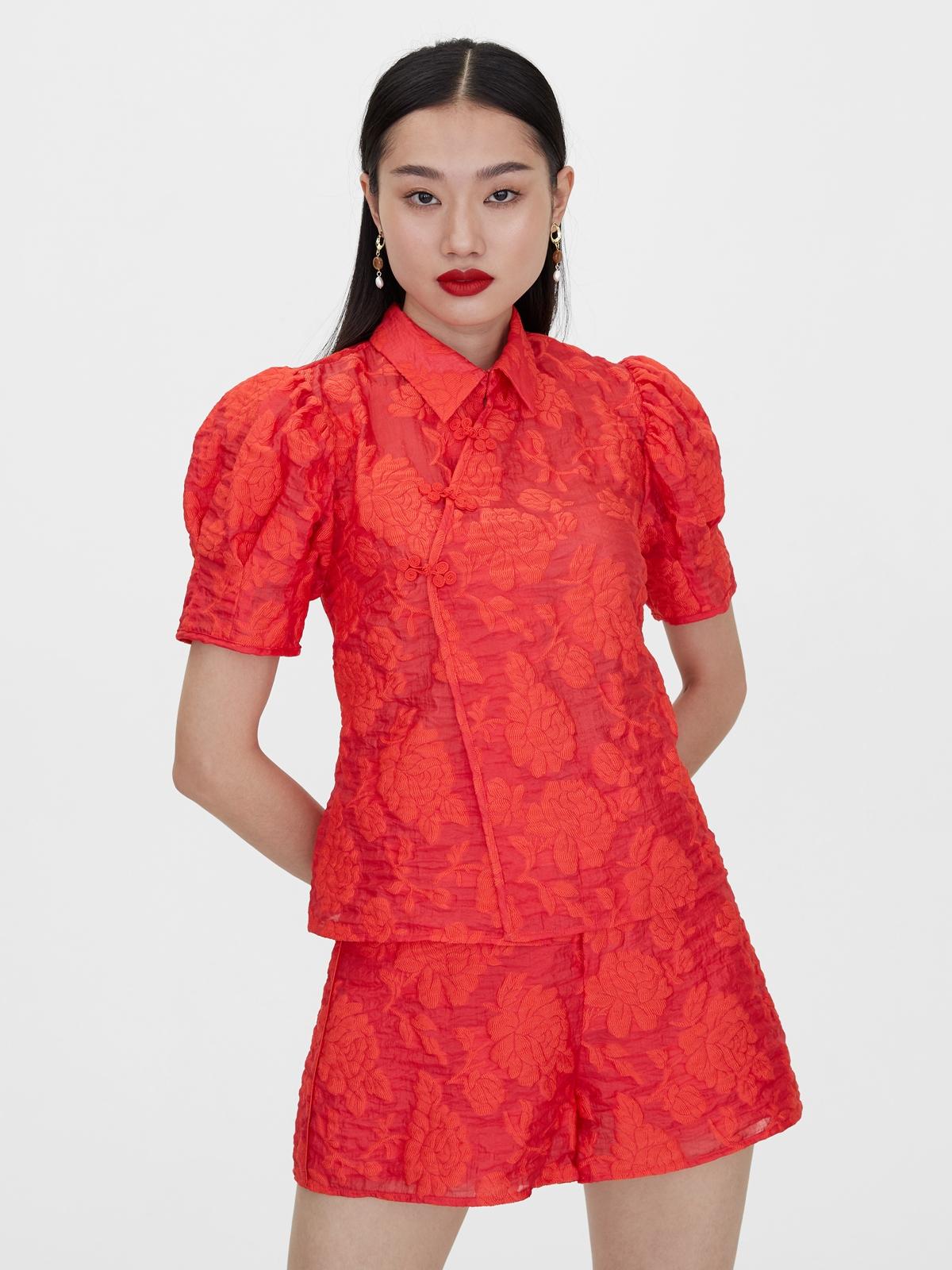 Puff Sleeve Knot Button Top - Red