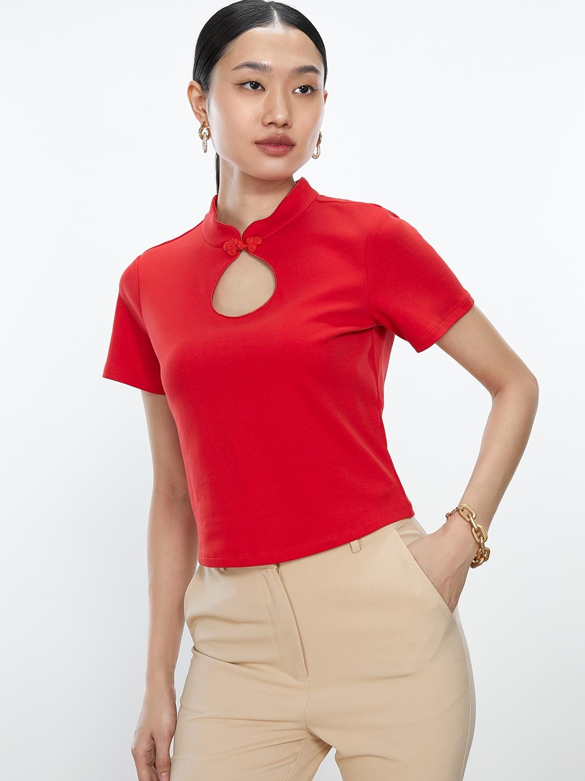 Mandarin Collar Cut Out Top - Red