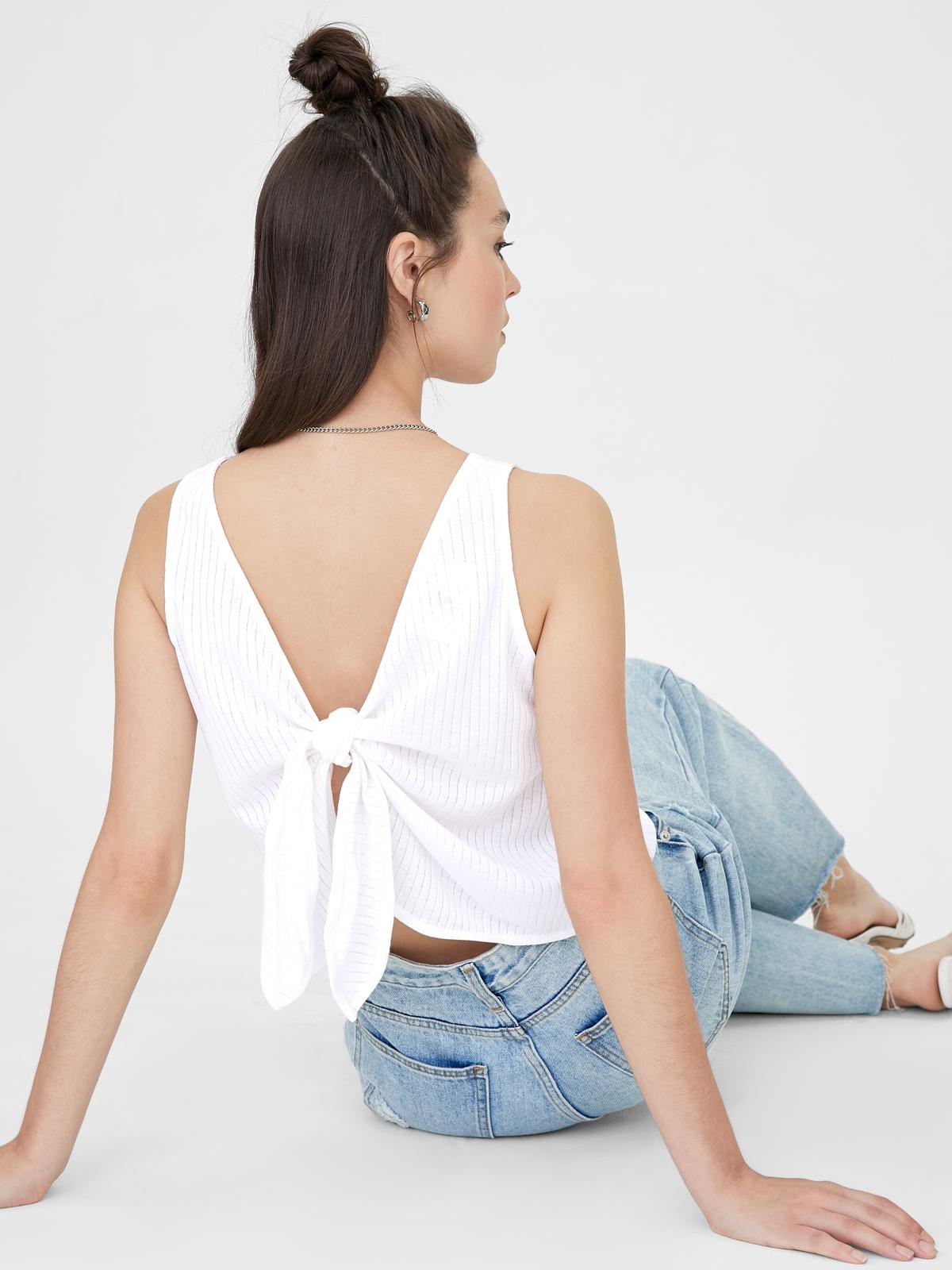 V Neck Back Bow Top - White