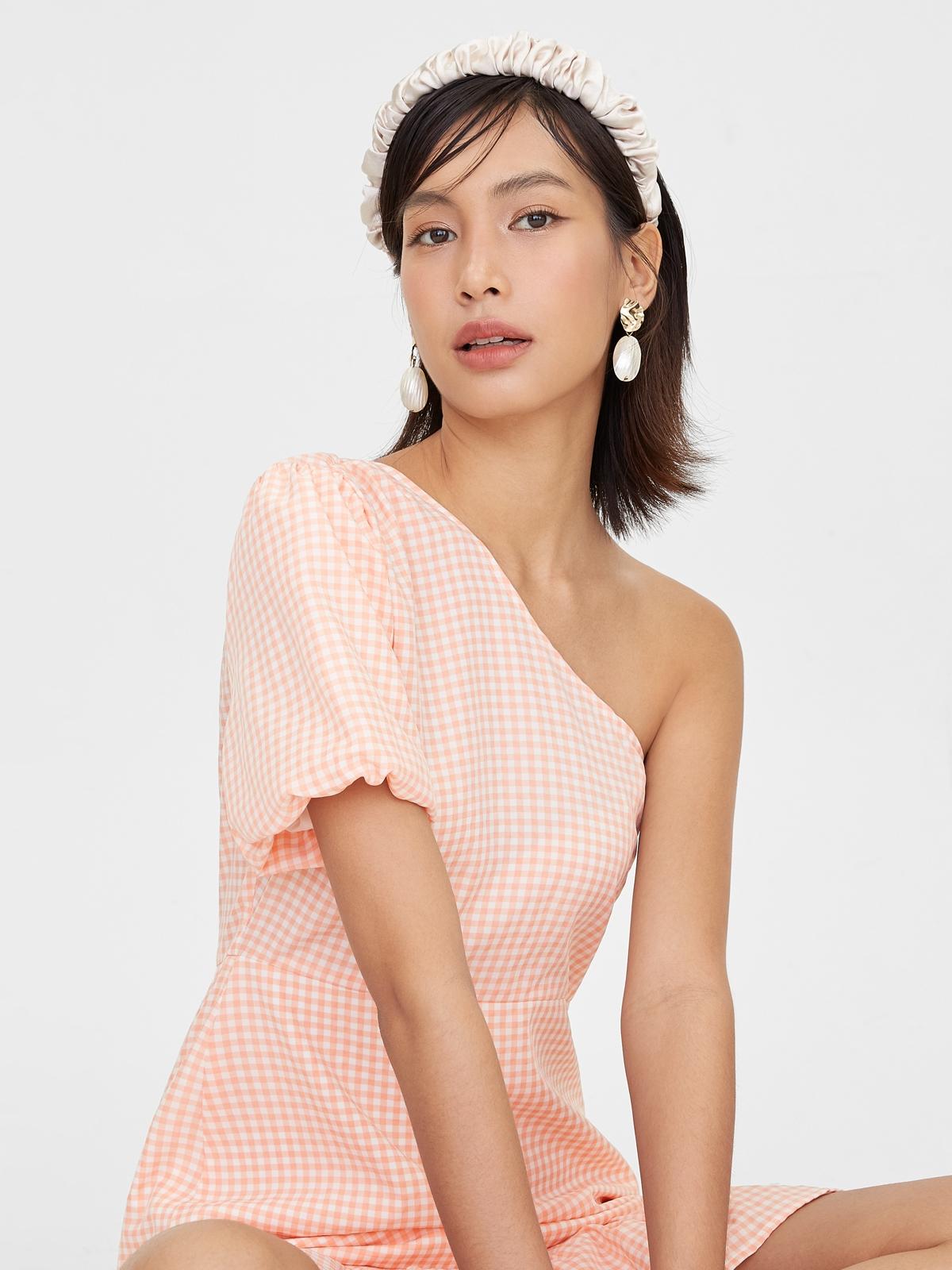 One Shoulder Puff Sleeve Gingham Dress - Orange