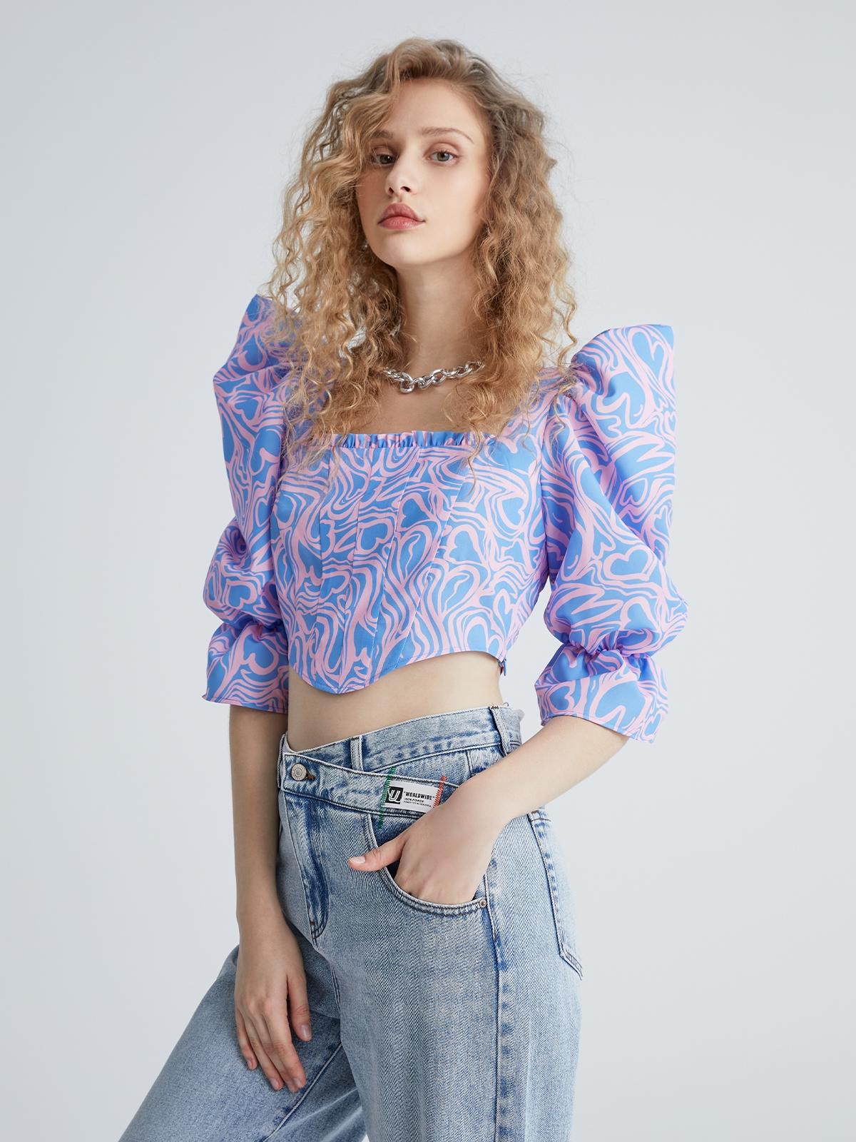 3/4 Sleeve Crop Top - Blue