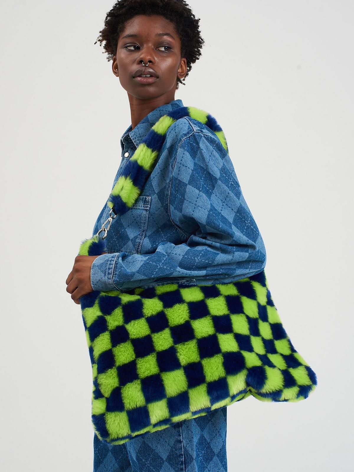 Checkerboard Fur Large Shopper Bag - Green/Blue