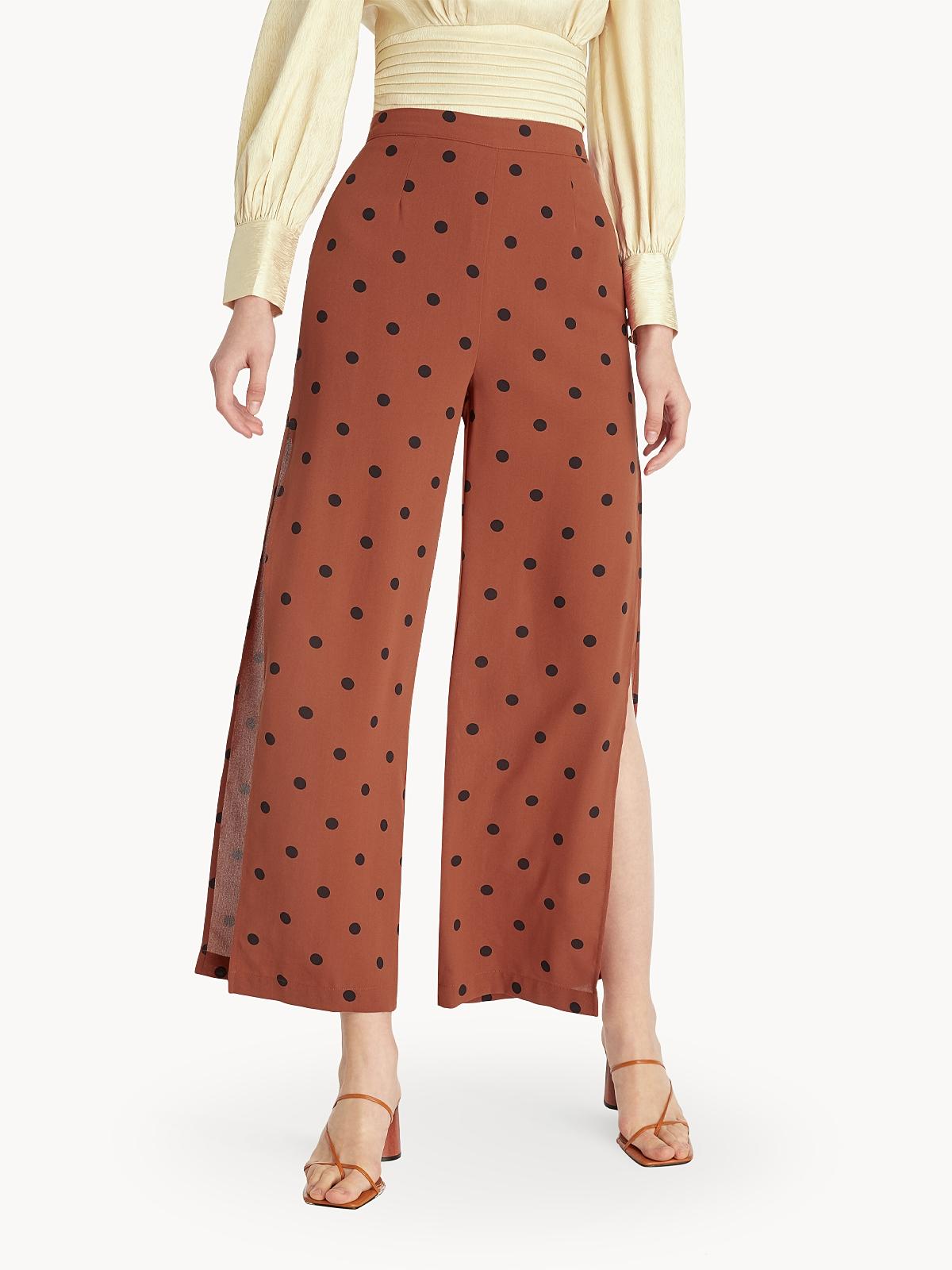 Polka Dot Print High Waist Pants - Brown