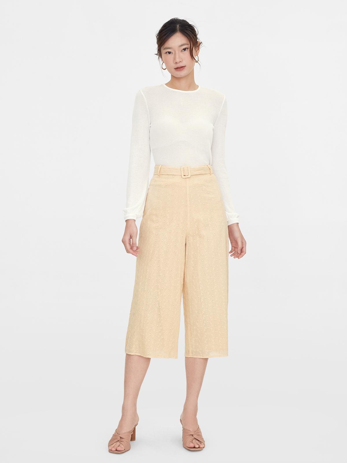 Eyelet Belt Wide Leg Pants - Beige