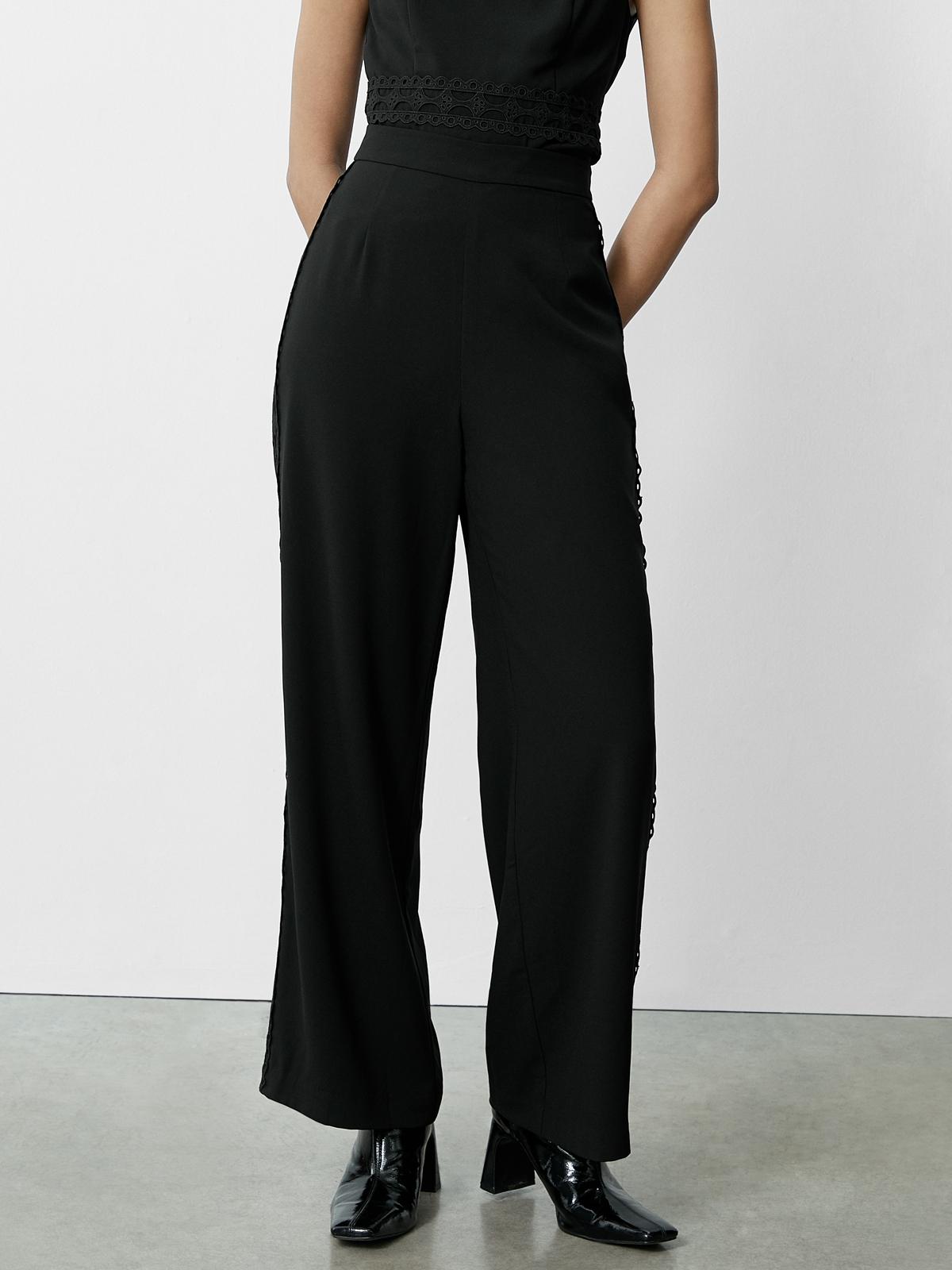 Eyelet Side Wide Leg Pants - Black