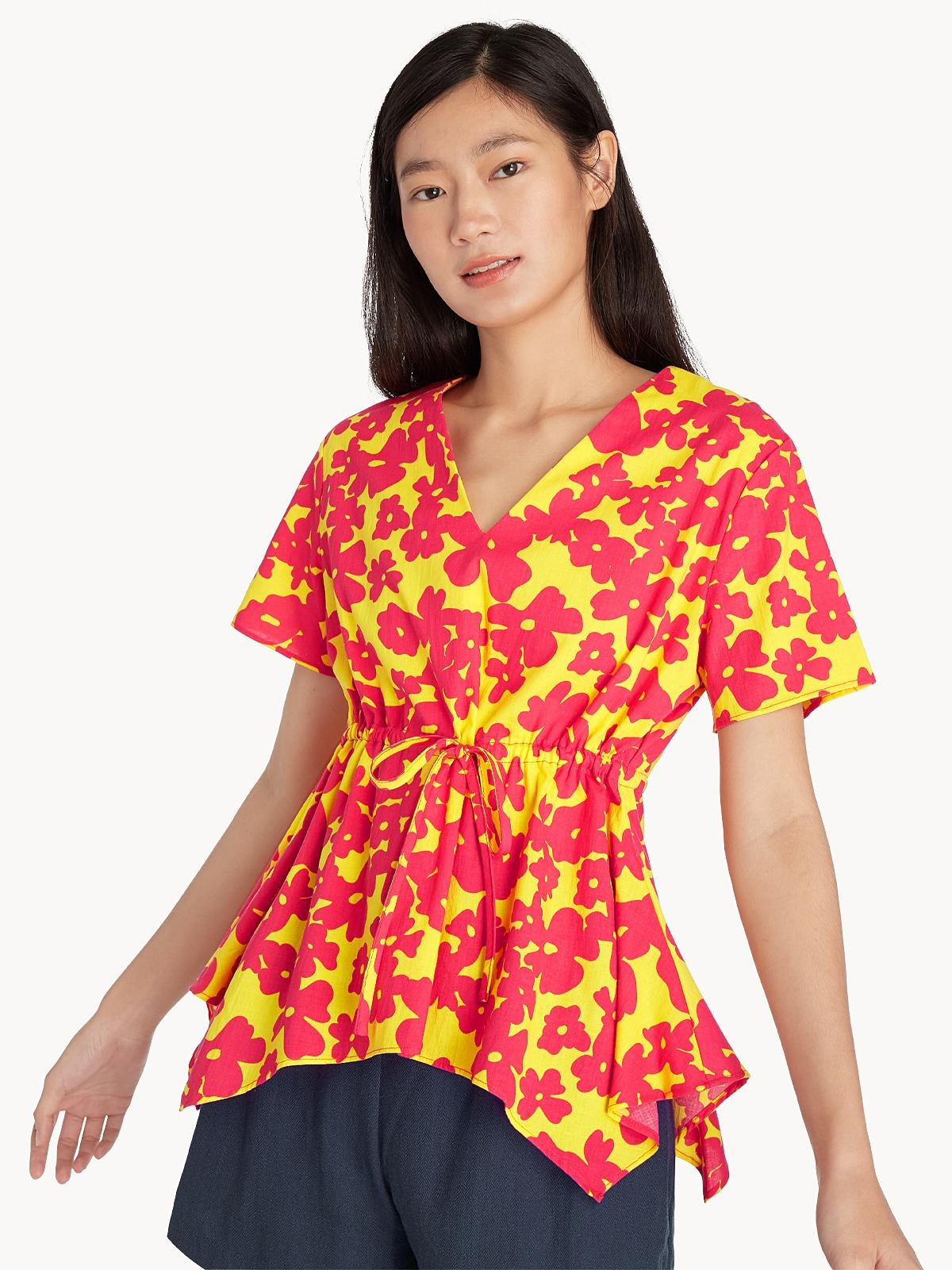 Purpose V Neck Floral Drawstring Blouse - Yellow