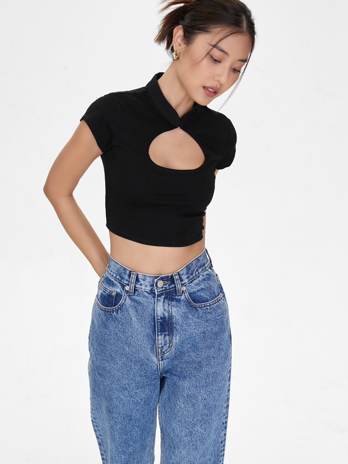 High Neck Cut Out Top - Black