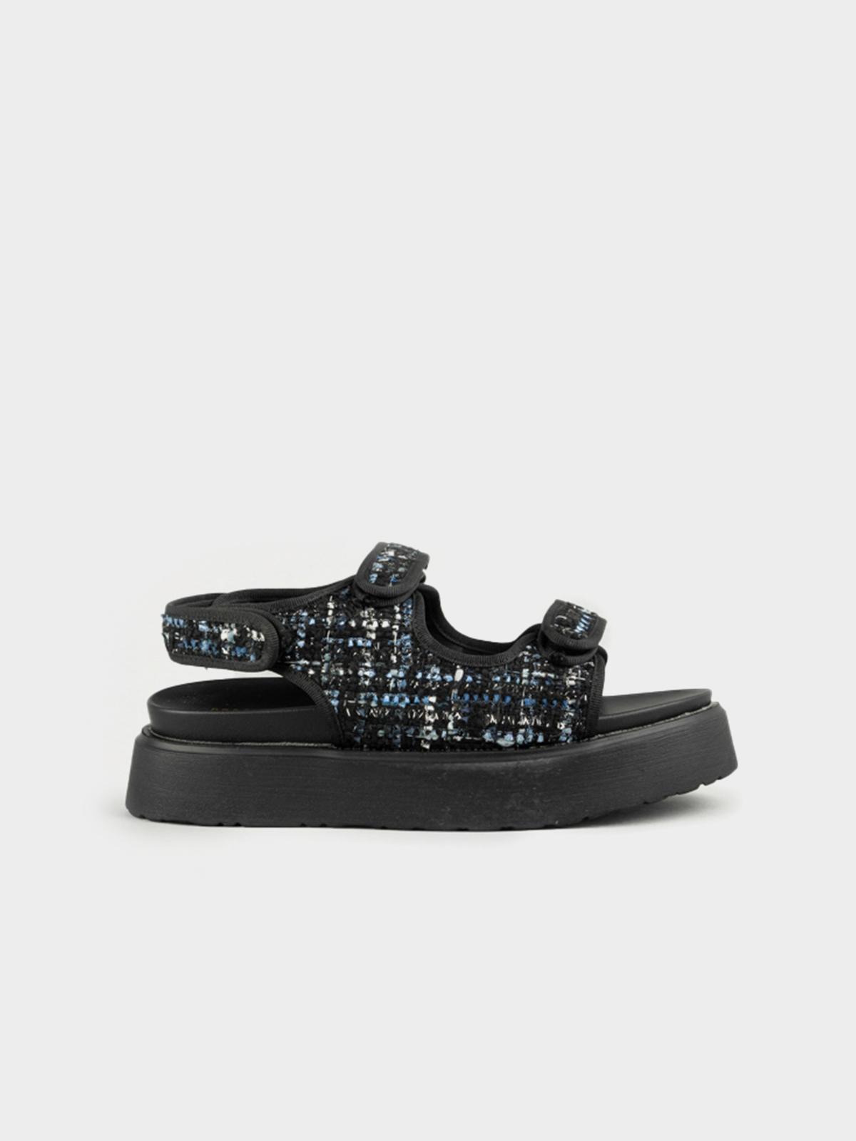 Tweed Low Heel Wedge Sandal - Black