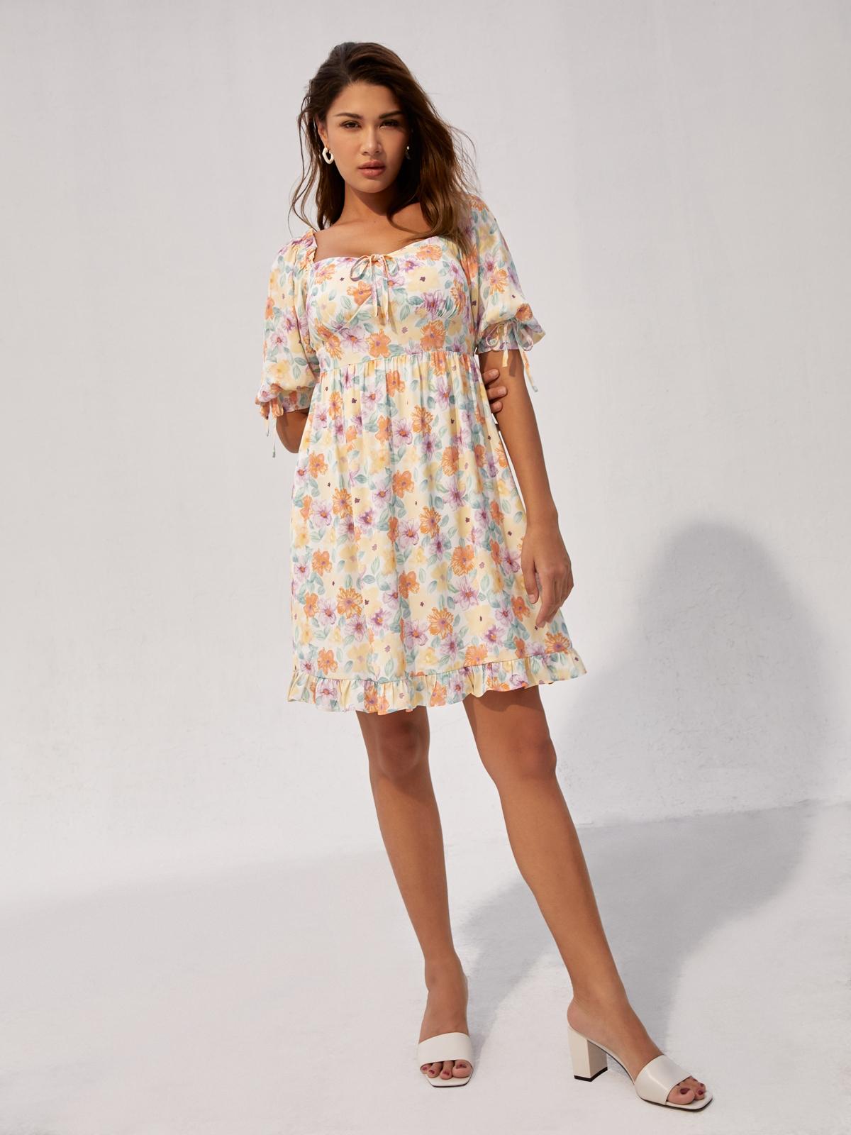 Floral Print Puffed Sleeve Dress - Yellow