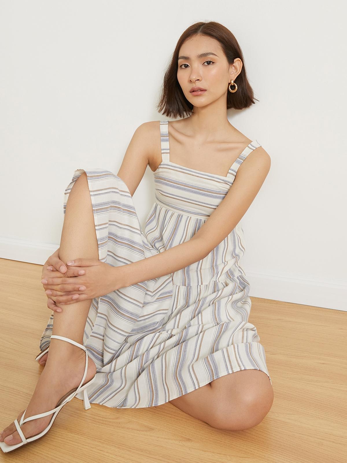 Striped Tiered Midi Dress - Blue