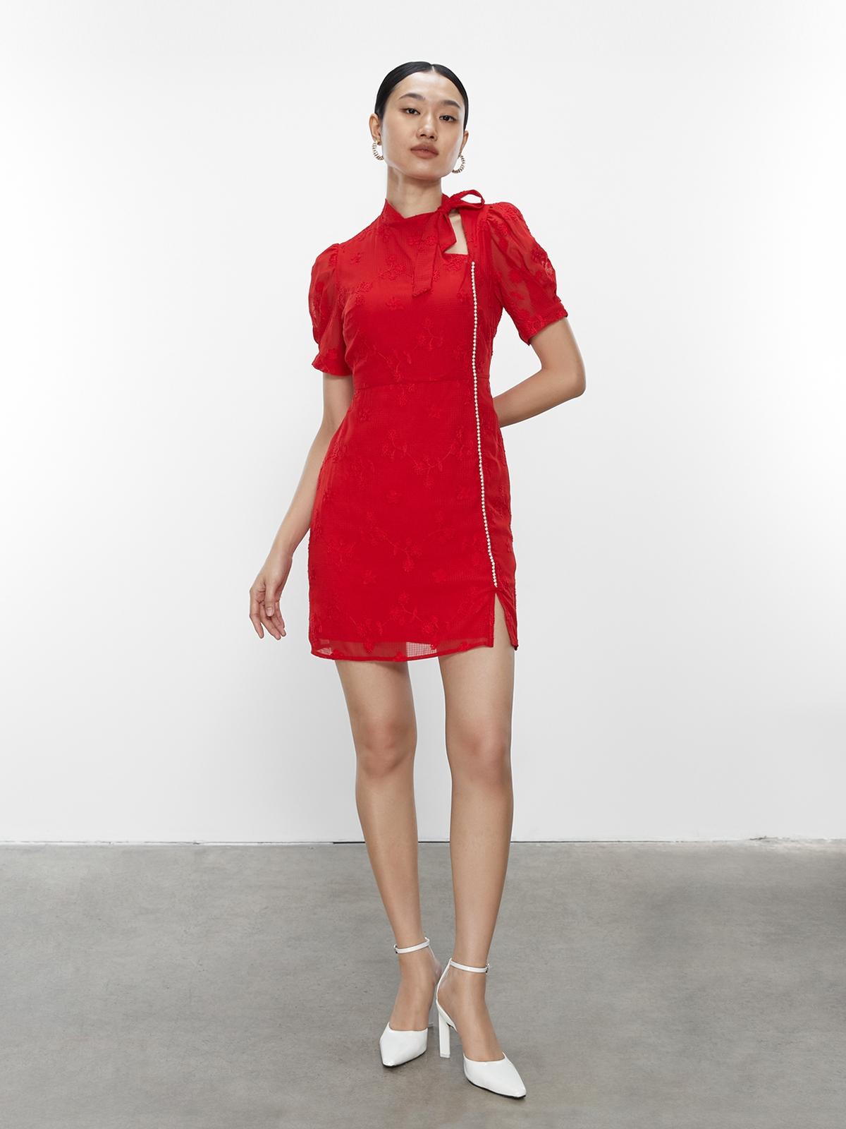 Puffed Sleeve Tie Neck Mini Dress - Red Puffed Sleeve Tie Neck Mini Dress - Red
