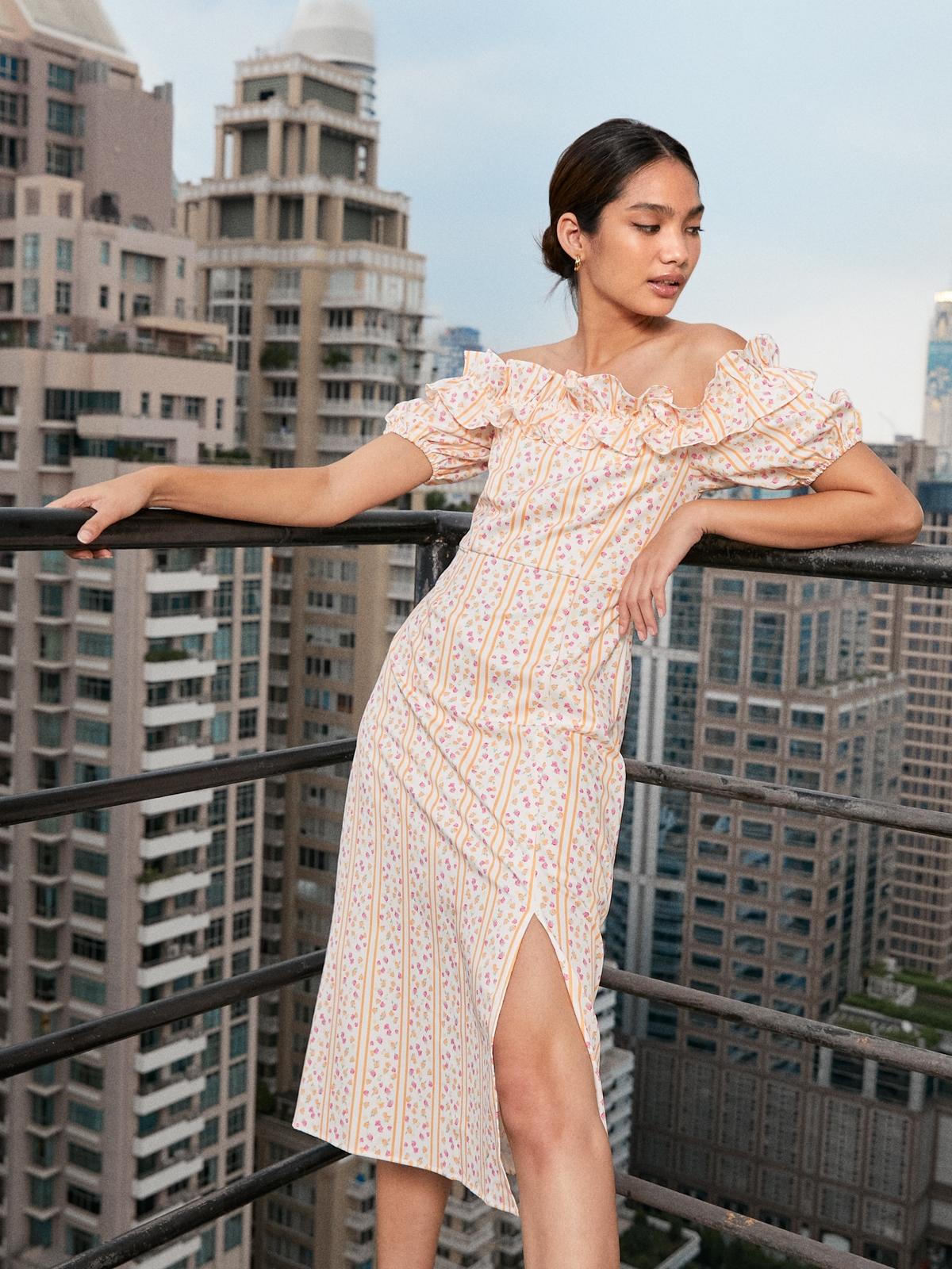 Off-Shoulder Printed Midi Dress - Orange Off-Shoulder Printed Midi Dress - Orange