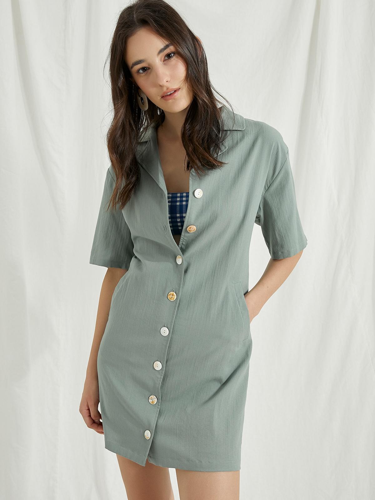 Collared Button Down Shirt Dress - Green