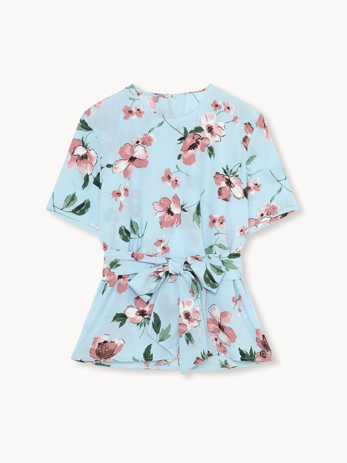 Tie Waist Floral Blouse - Blue