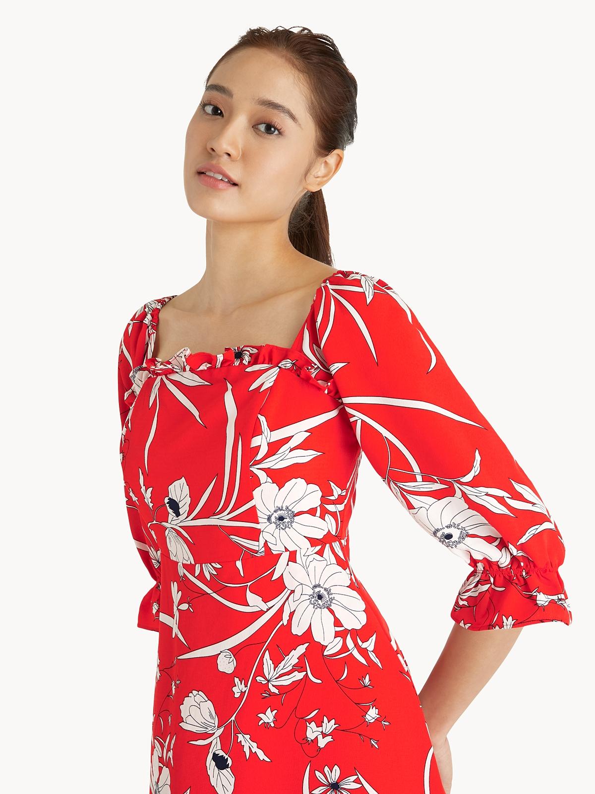 Mini Floral Square Neck Dress - Red