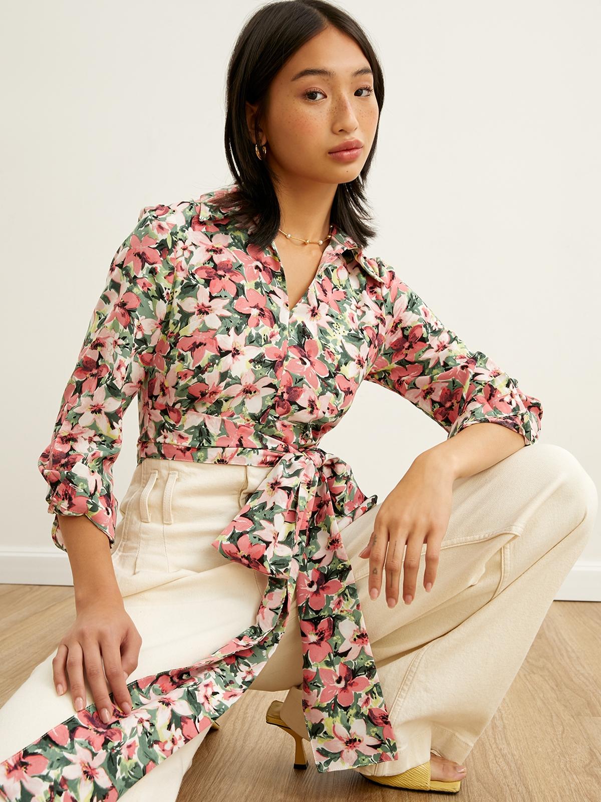 Floral Bow Long Sleeve Blouse - Pink
