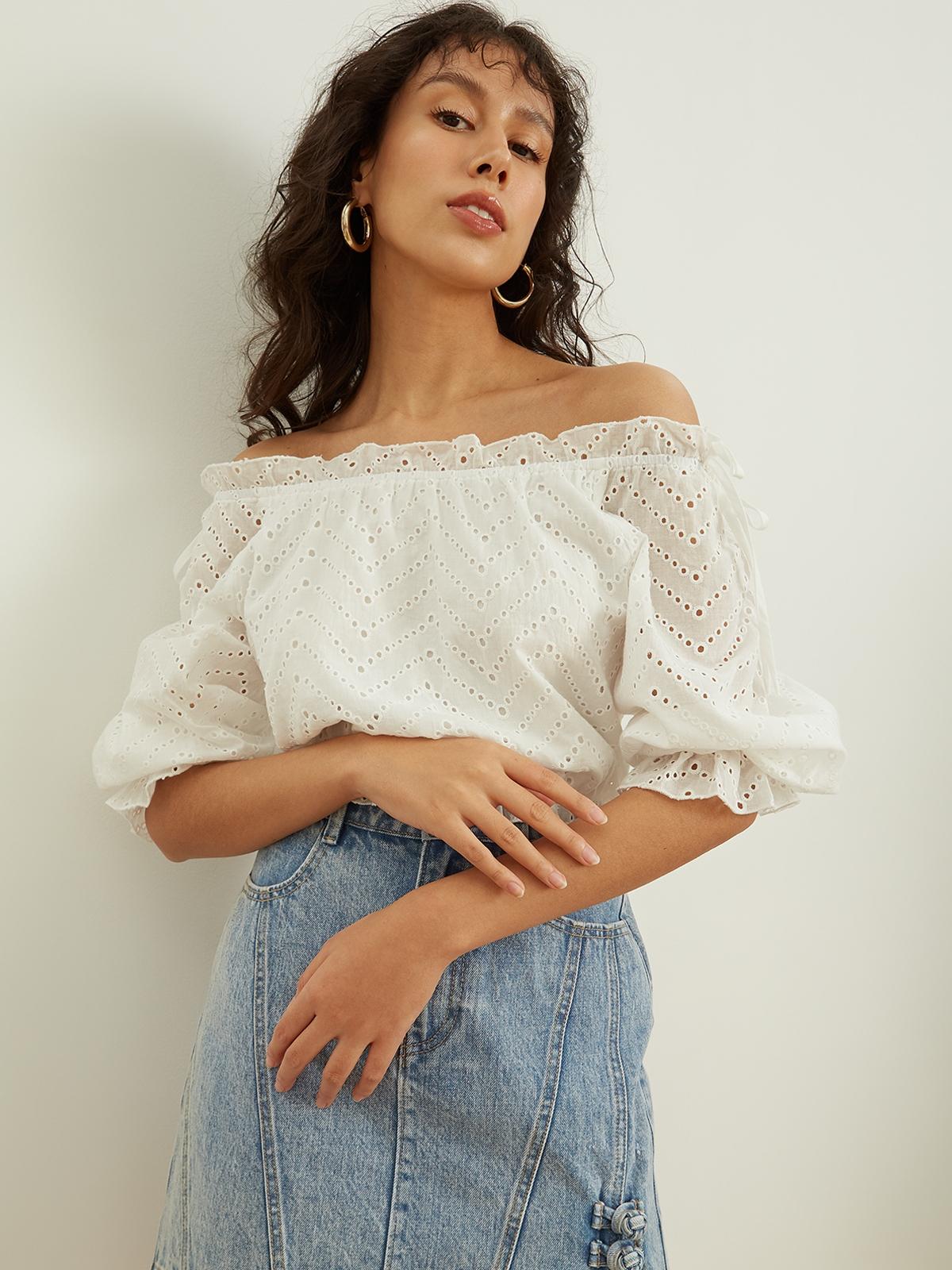 Frilled Lace Off Shoulder Top - White