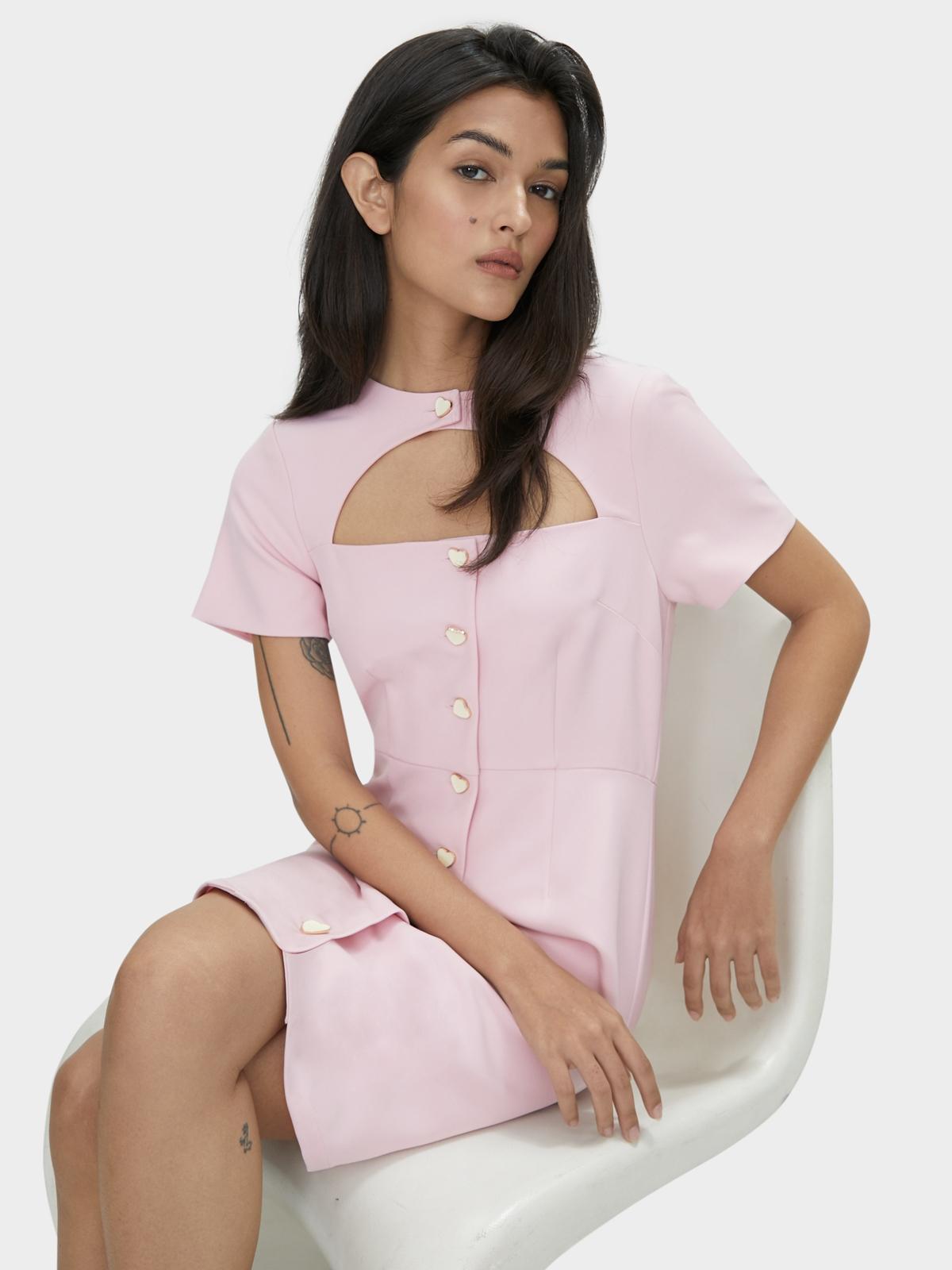 Cut Out Hearts Button Dress - Pink