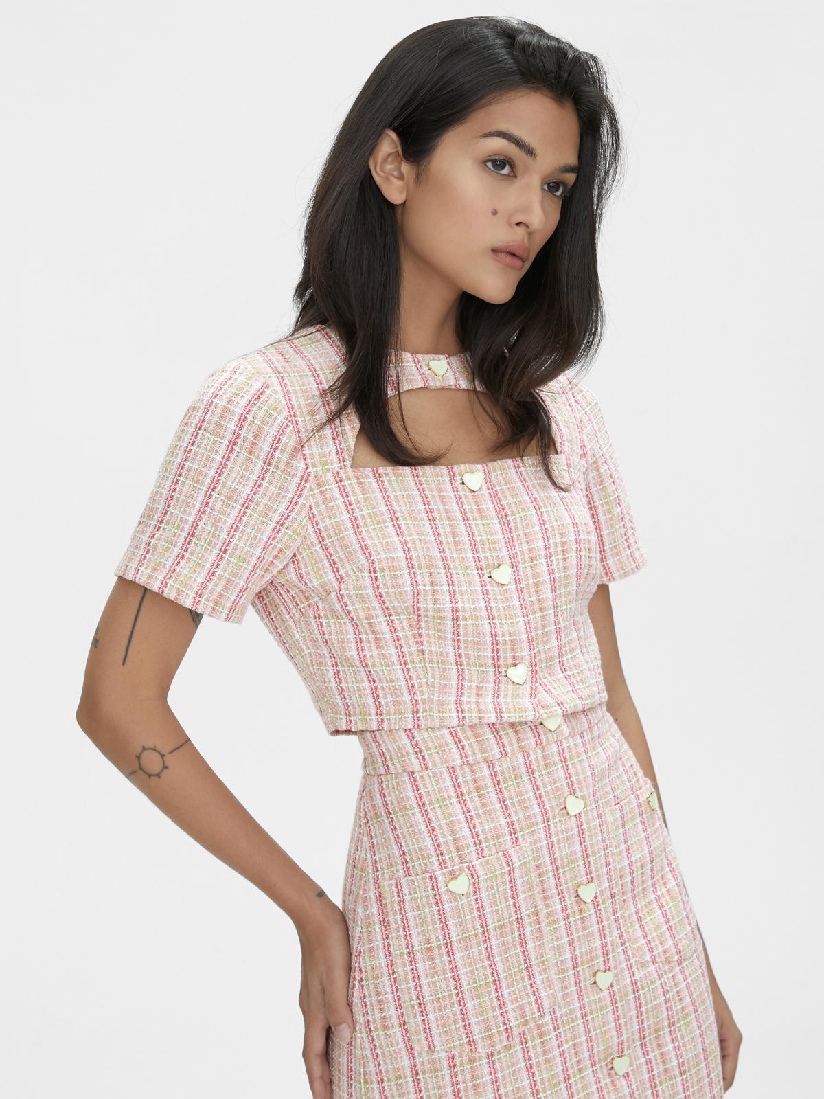Tweed Cut Out Crop Top - Pink