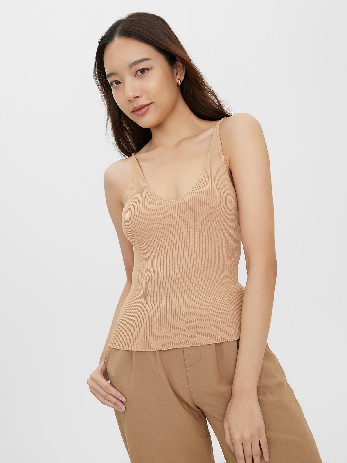 Sleeveless V Neck Top - Beige