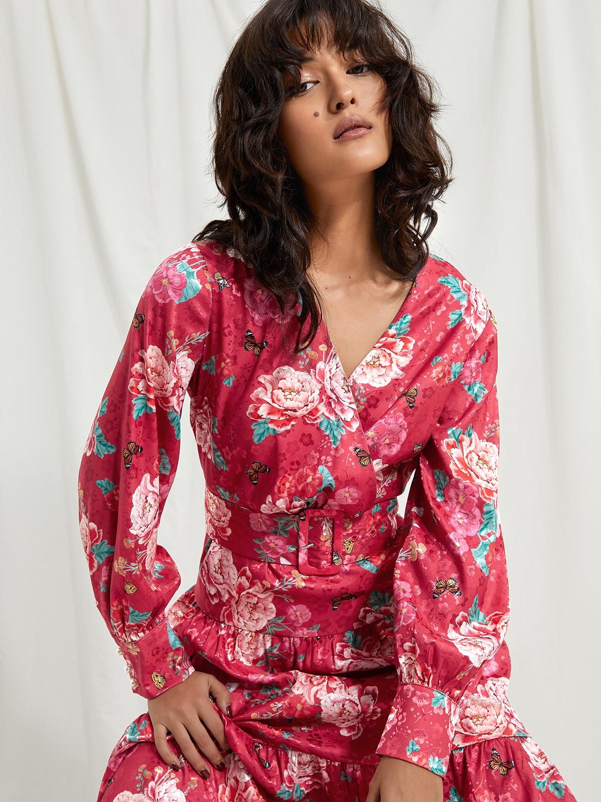 Floral Long Sleeve Midi Dress - Red