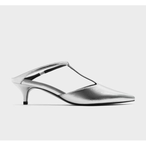  Metallic T-Bar Pointed-Toe Kitten-Heel Mules - Silver 
