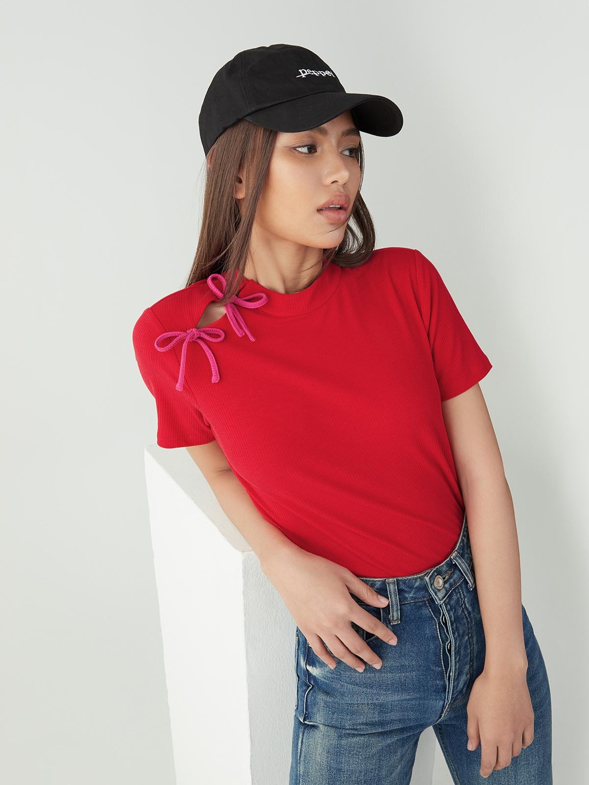 Short Sleeve Bow Accent Top - Red