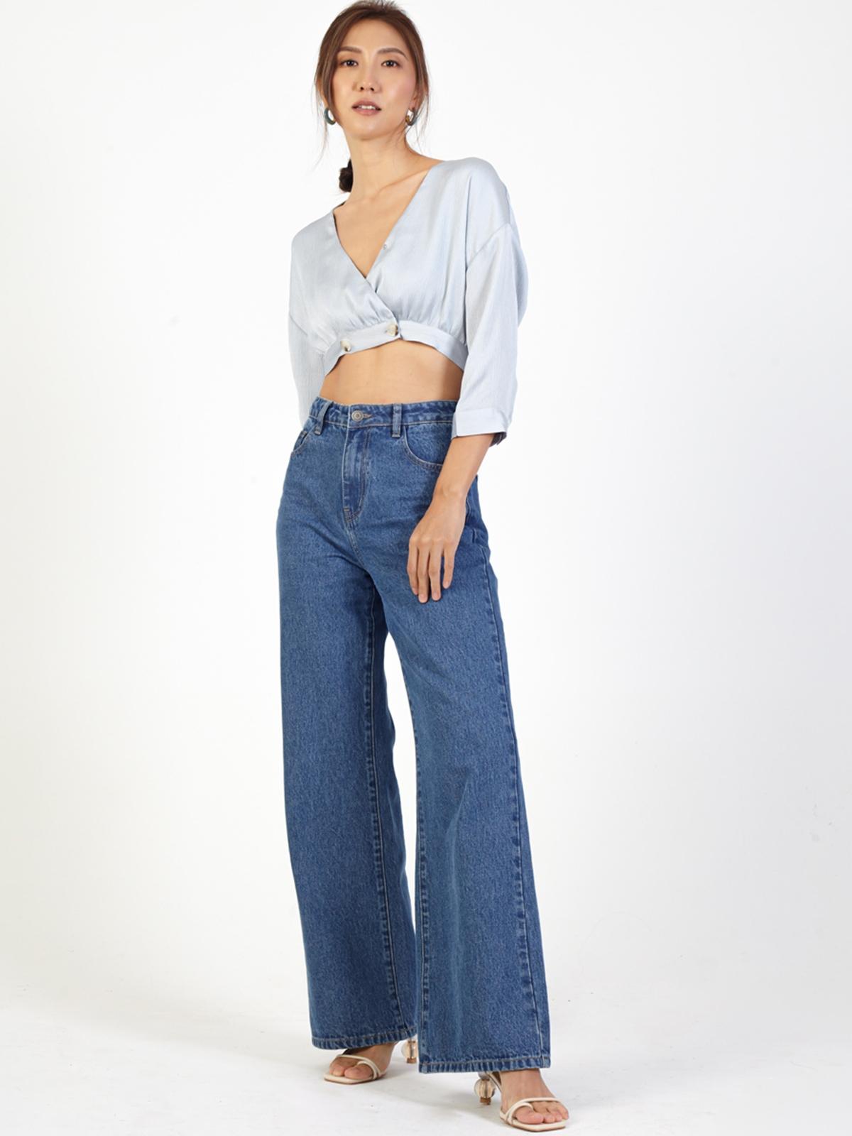 Deep V Crop Top Half Sleeves - Light Blue