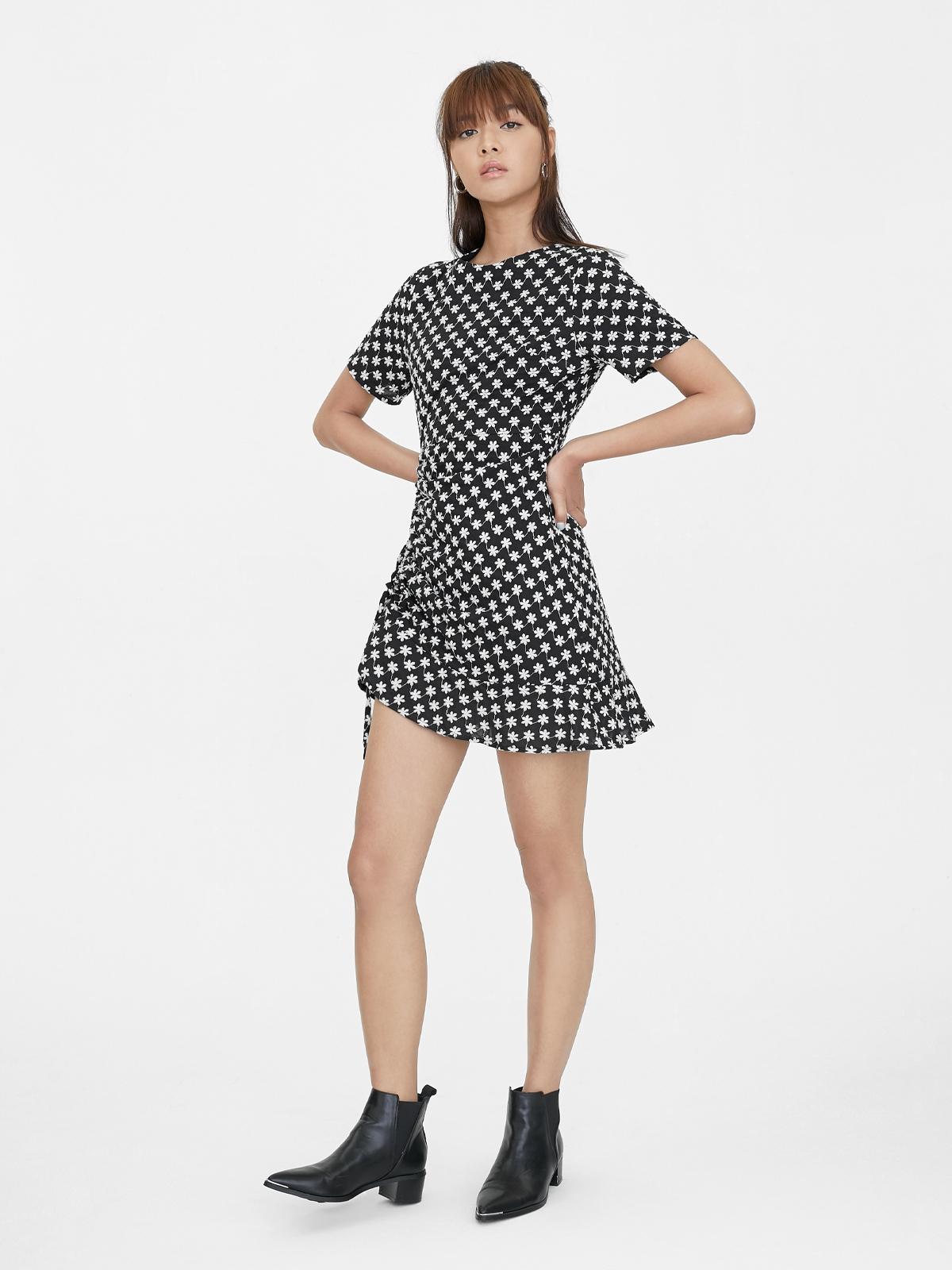 Mini Floral Side Ruched Dress - Black