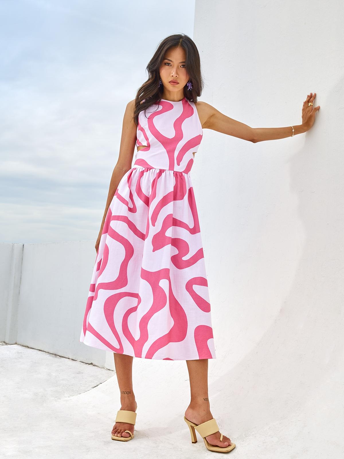 Swirl Graffiti Print Cut Out Sleeveless Dress - Light Pink