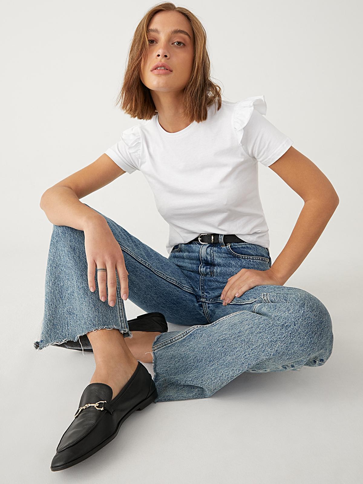 Ruffle Shoulder Basic Tee - White