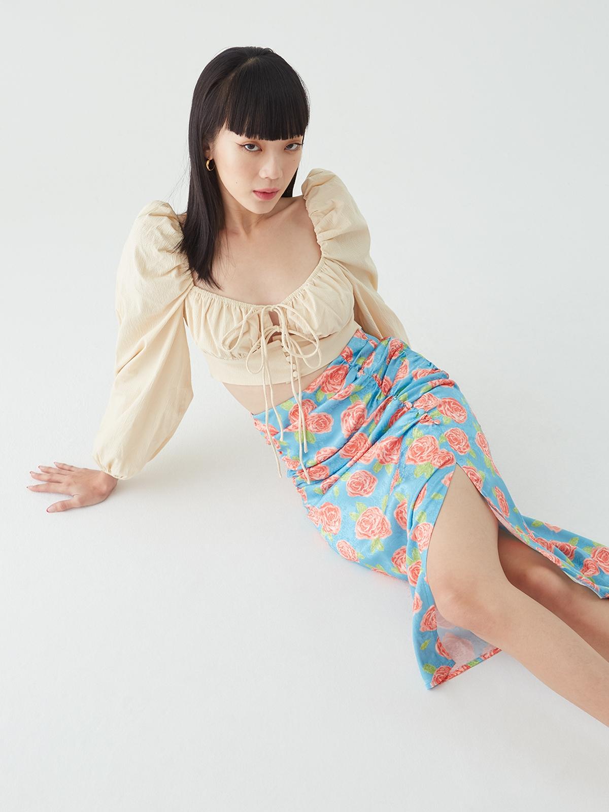 Puffed Sleeve Crop Top - Beige