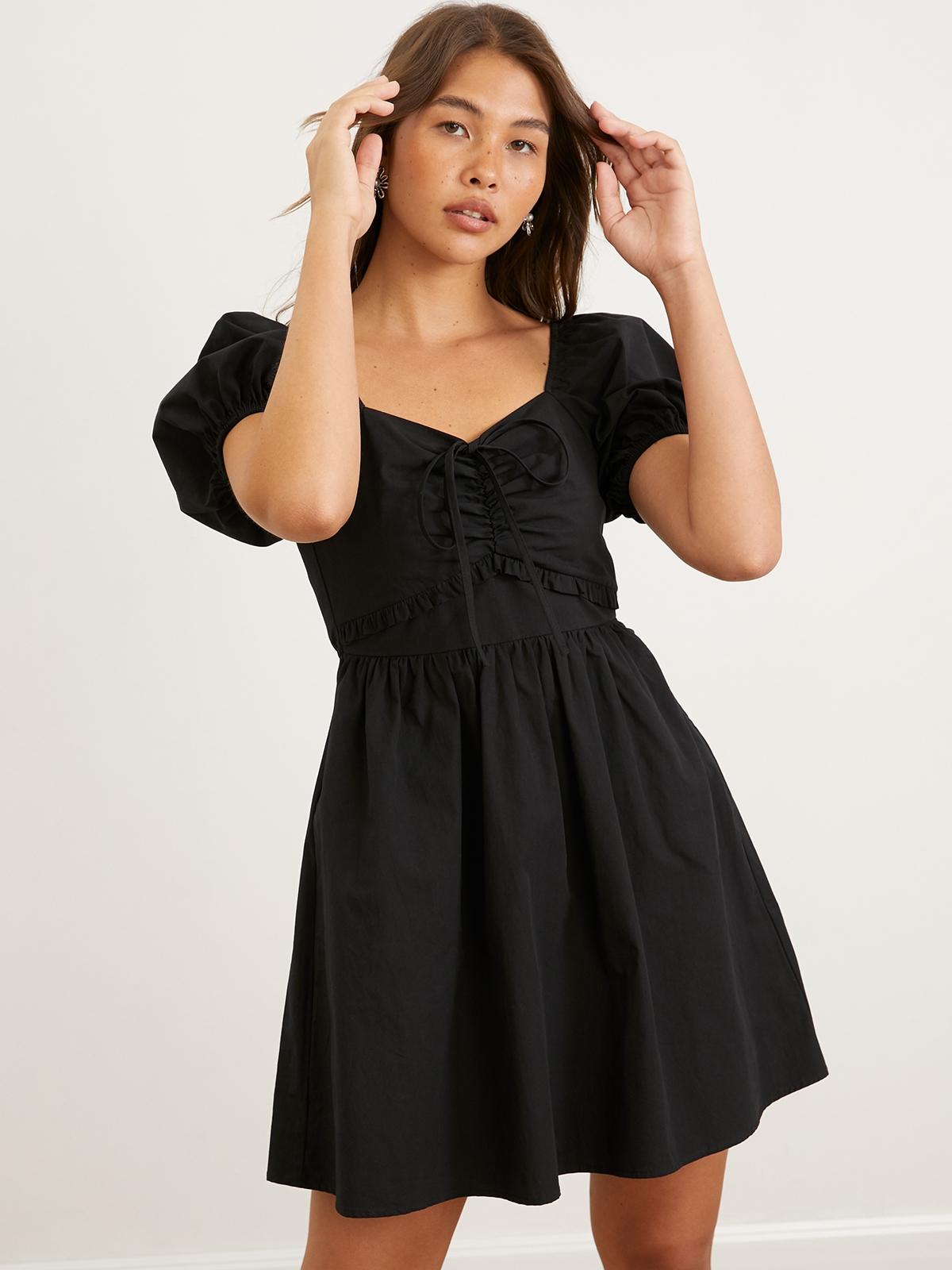 Puffed Sleeve Cut Out Waist Dress - Black