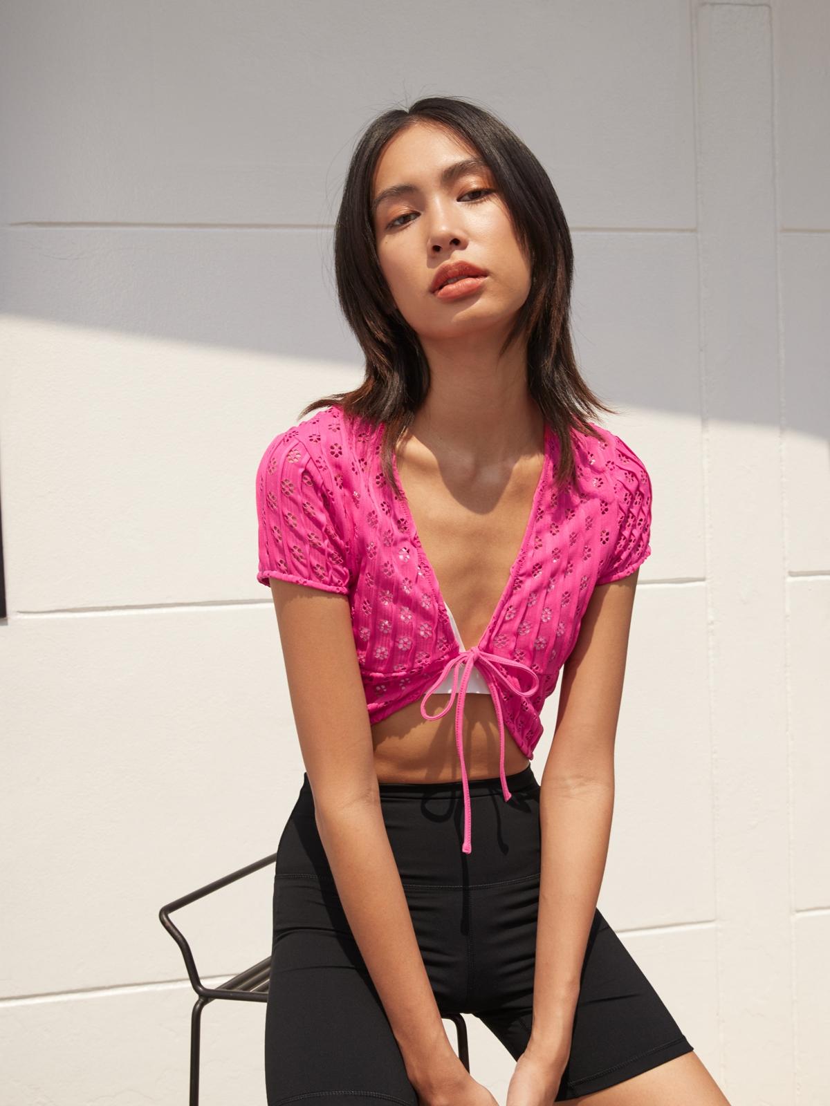 Eyelet Tie Front Crop Top - Pink