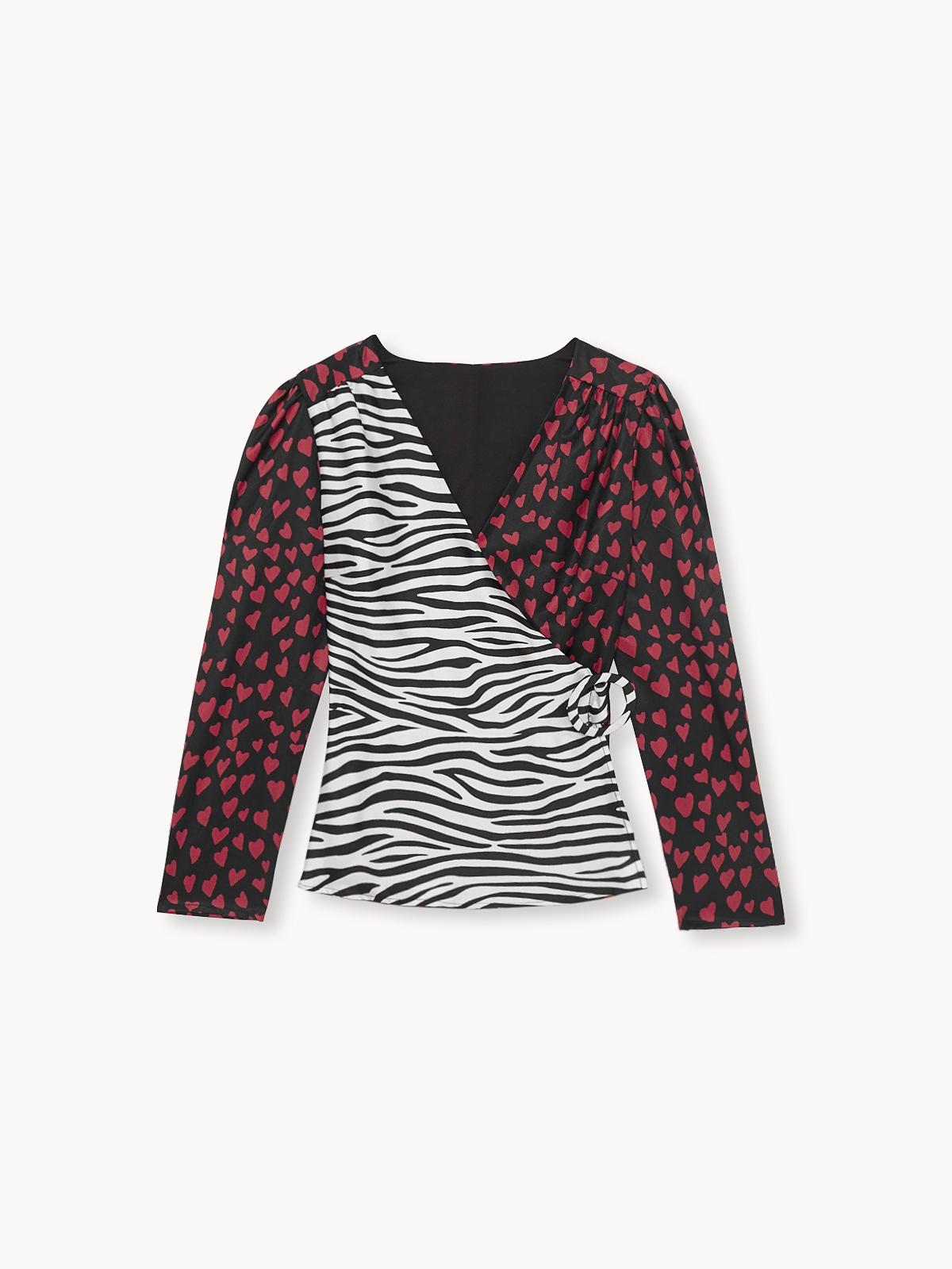 Mixed Prints Surplice Top - Black