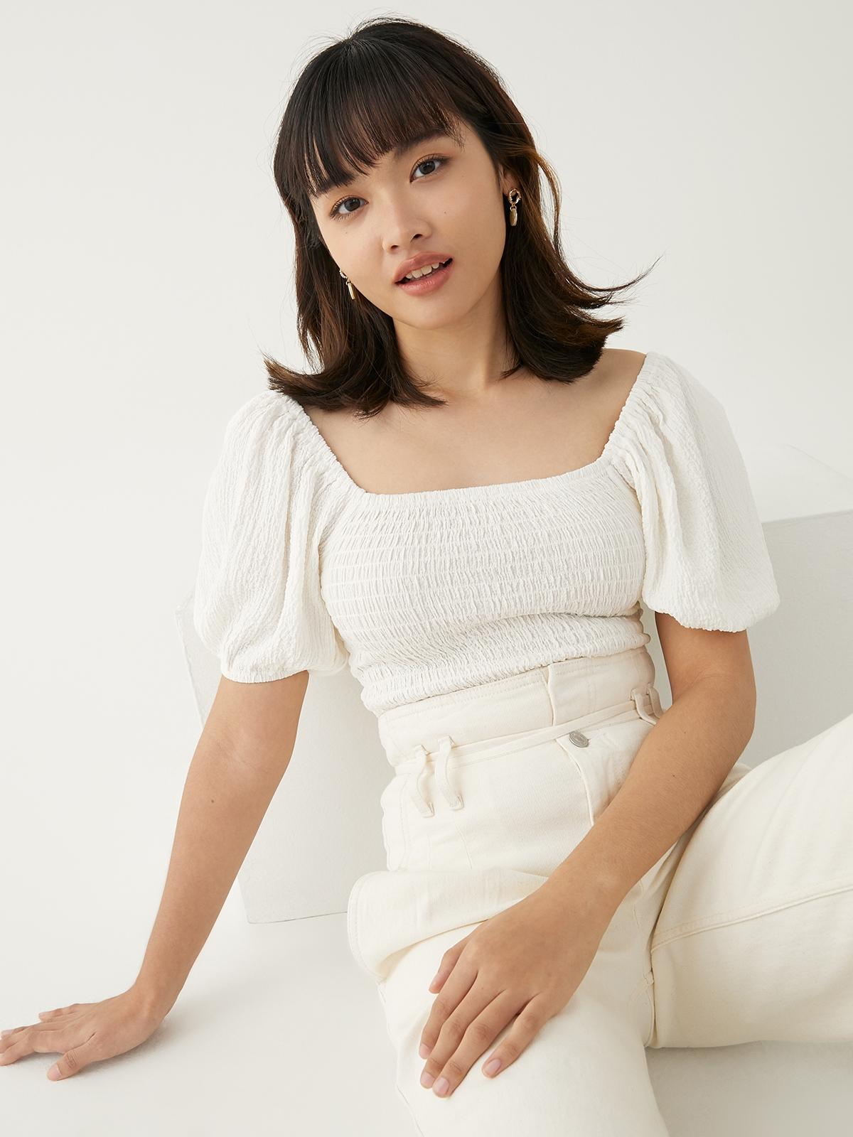 Smocked Puffed Sleeve Top - White