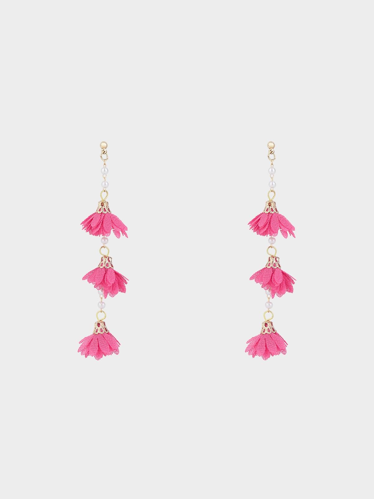 Triple Flower Drop Earrings - Fuchsia