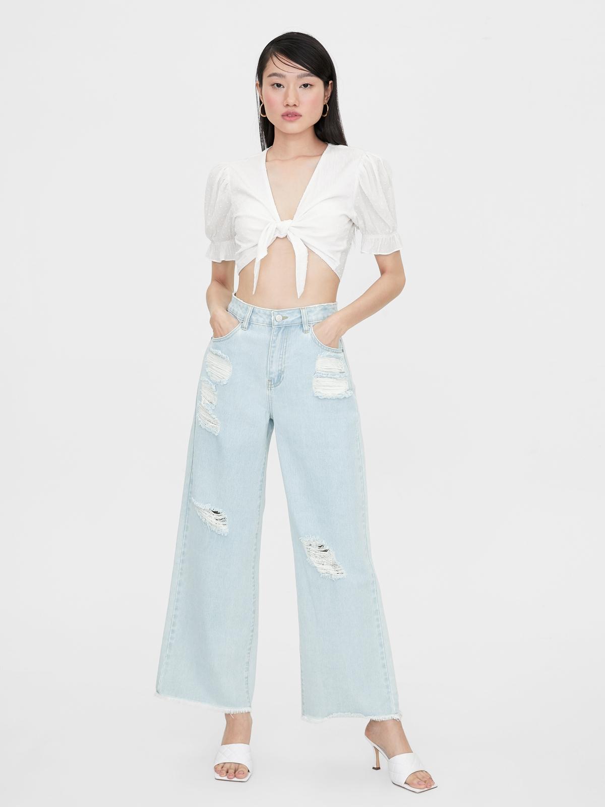 Ripped Raw Hem Wide Leg Jeans - Blue