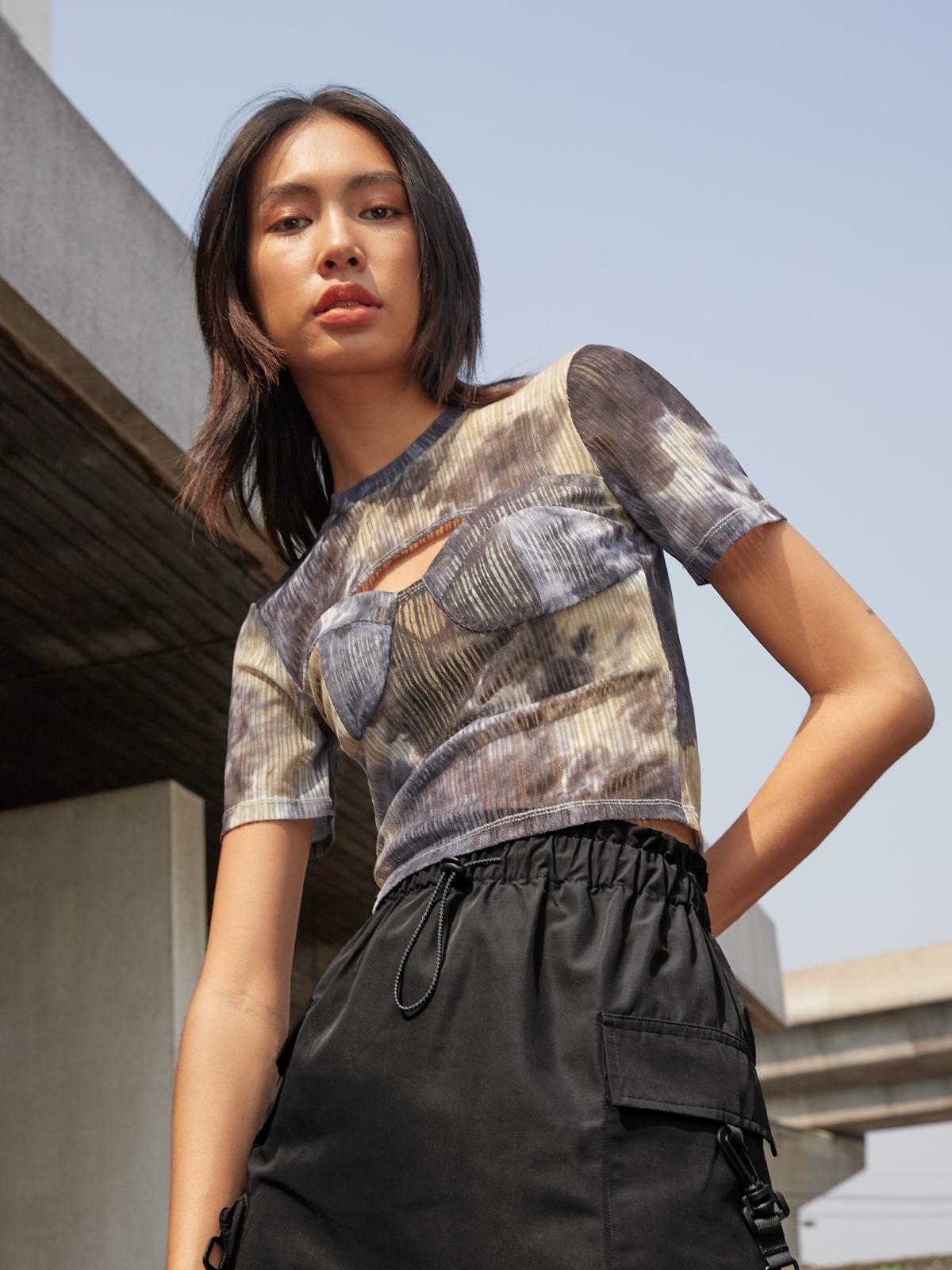 Cut Out Tie Dye Top - Black