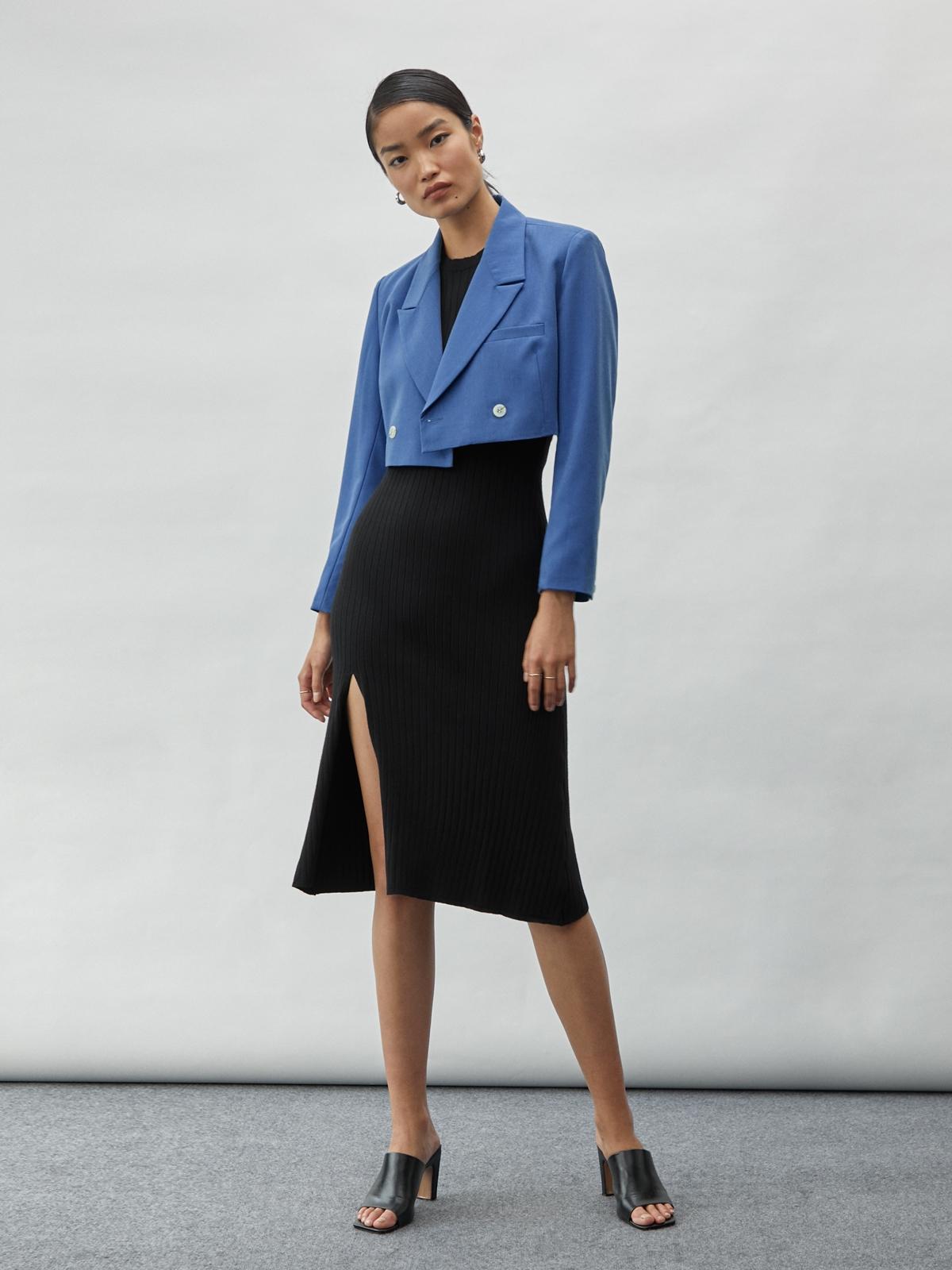 Double Breasted Crop Blazer - Blue