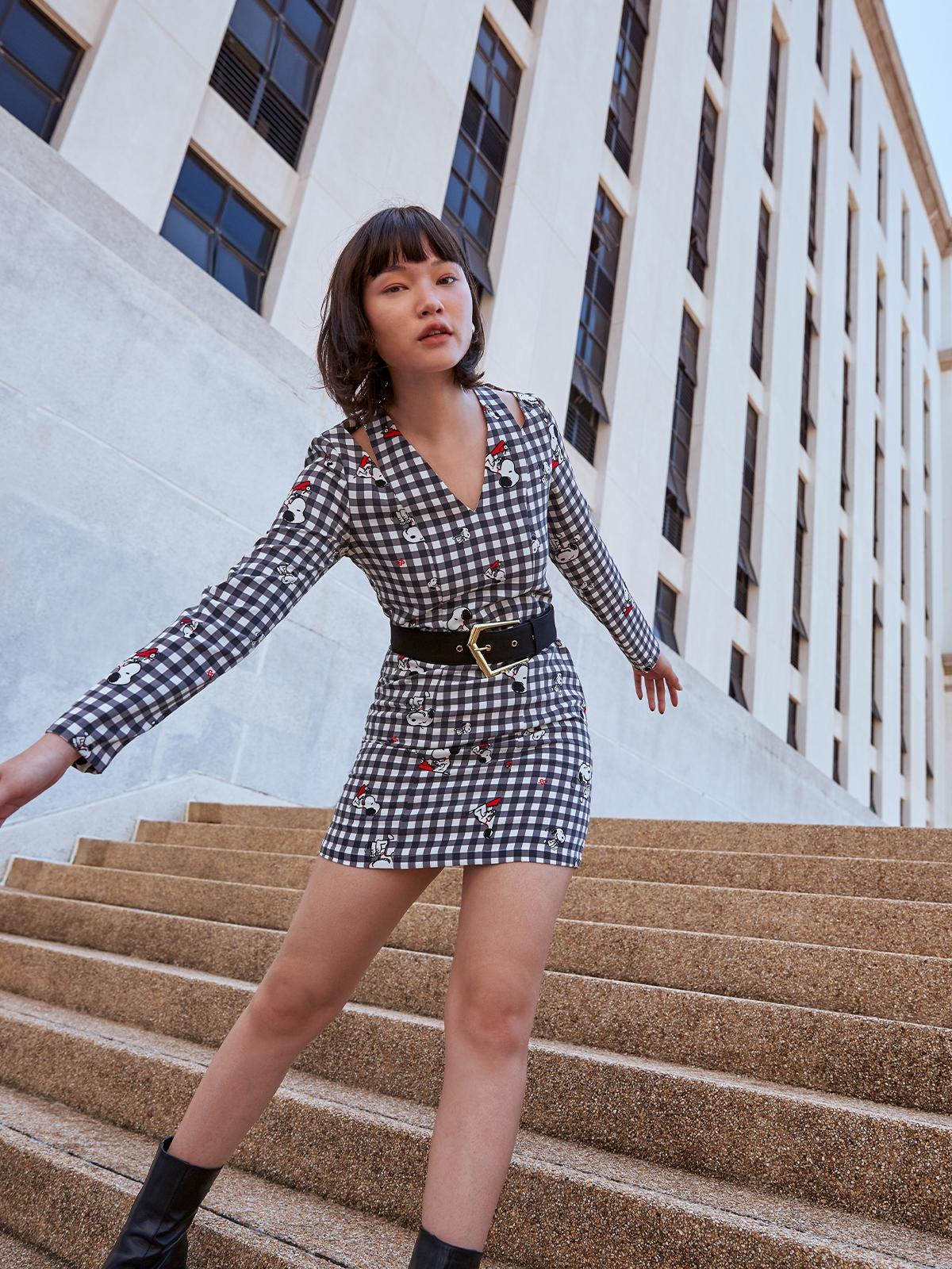 Gingham Graphic Print Dress - Black/White