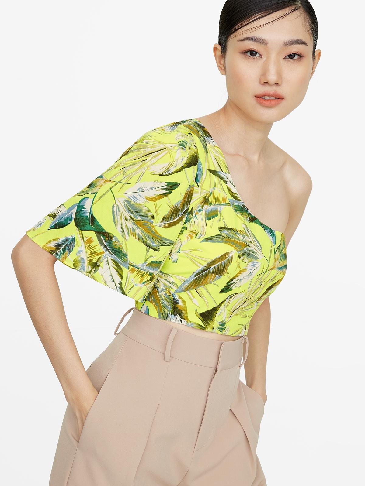 Leaf Print One Shoulder Crop Top - Yellow