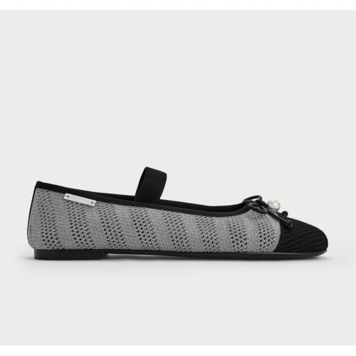  Knitted Pearl-Accent Bow Ballet Flats - Silver 