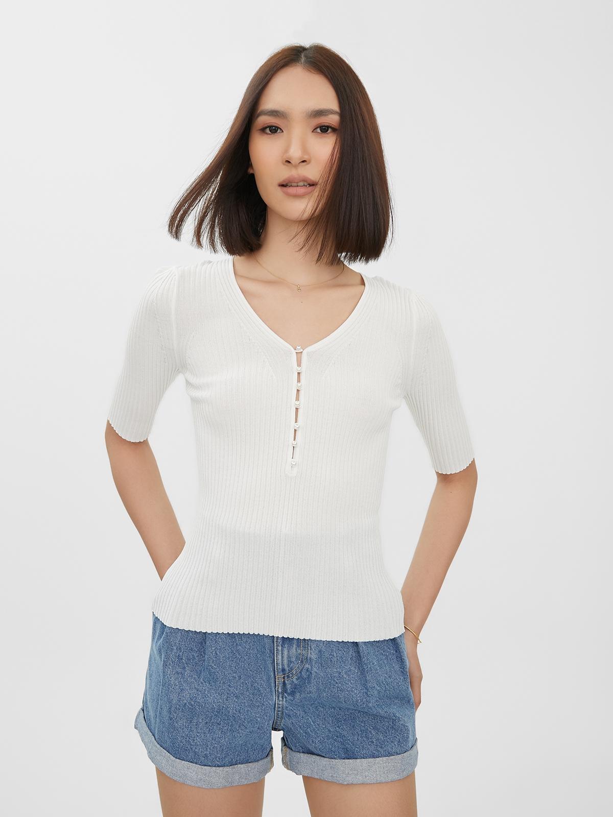 Short Sleeve Rib-Knit Top - White