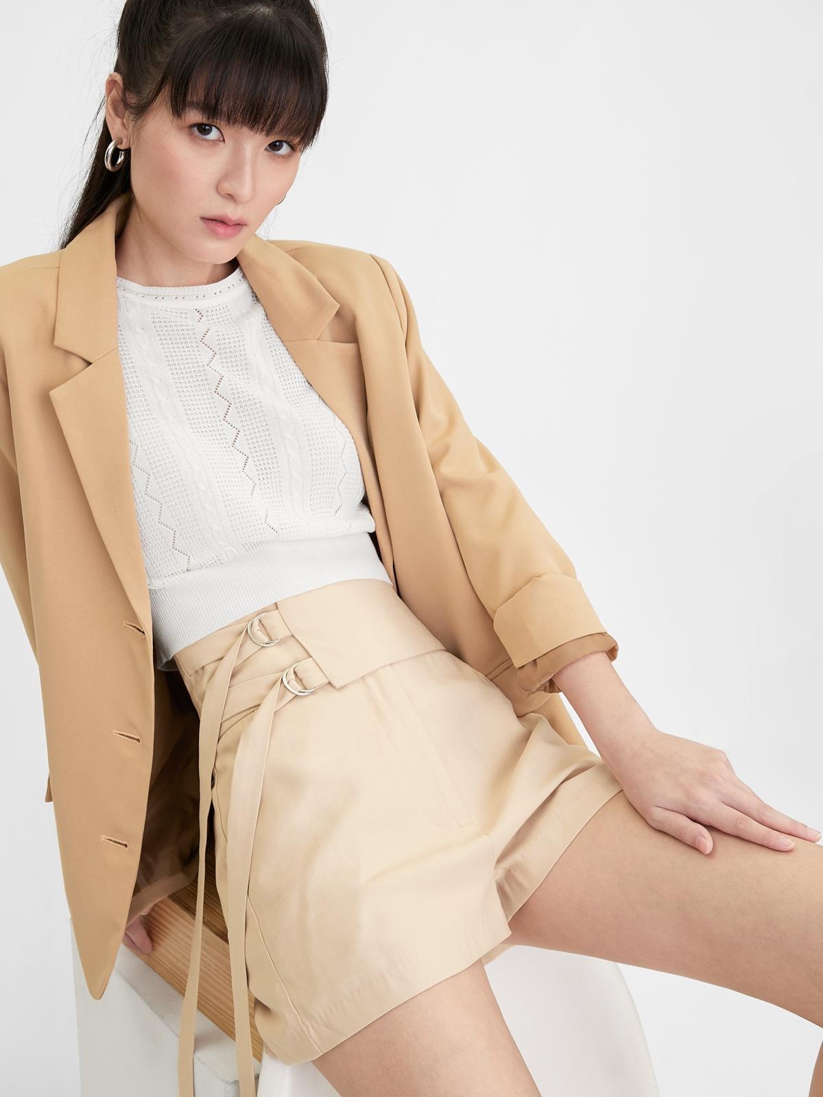Double Buckle Obi Belt Shorts - Beige