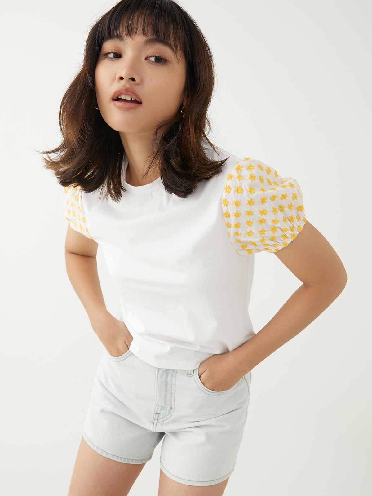 Gingham Sleeves Tees - White