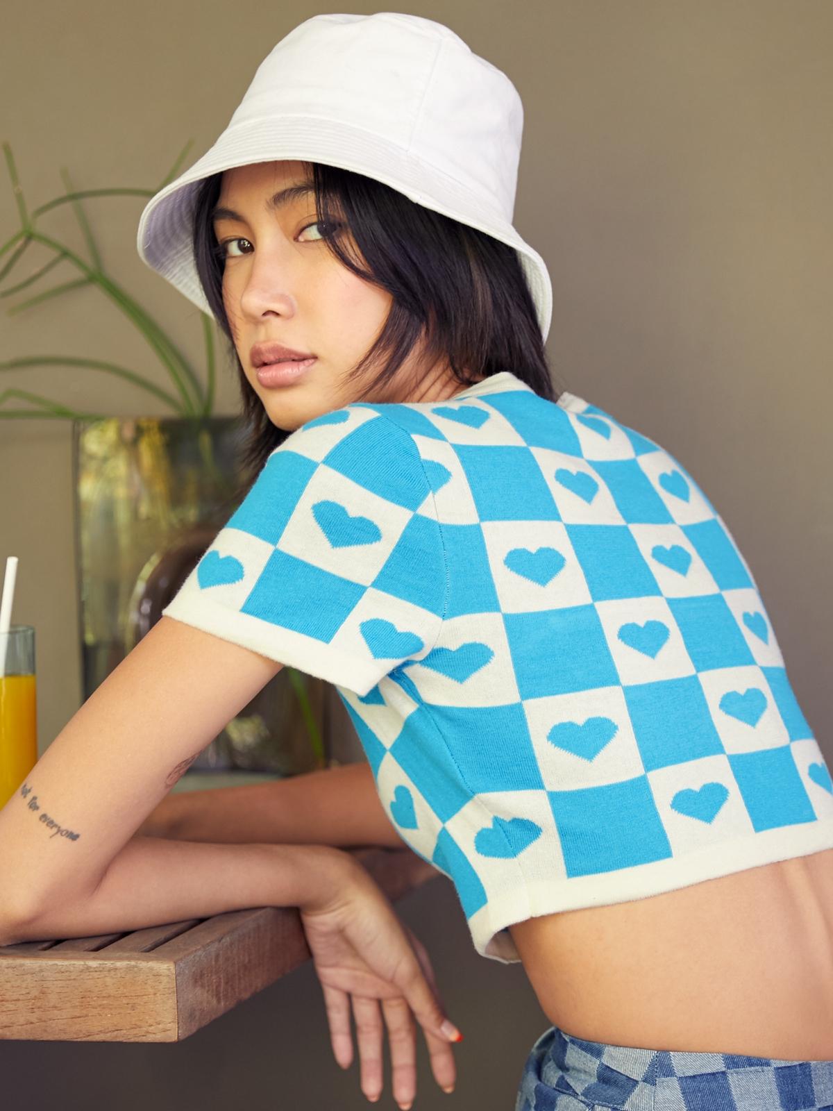 Checkered Heart Knit Crop Tee - Blue