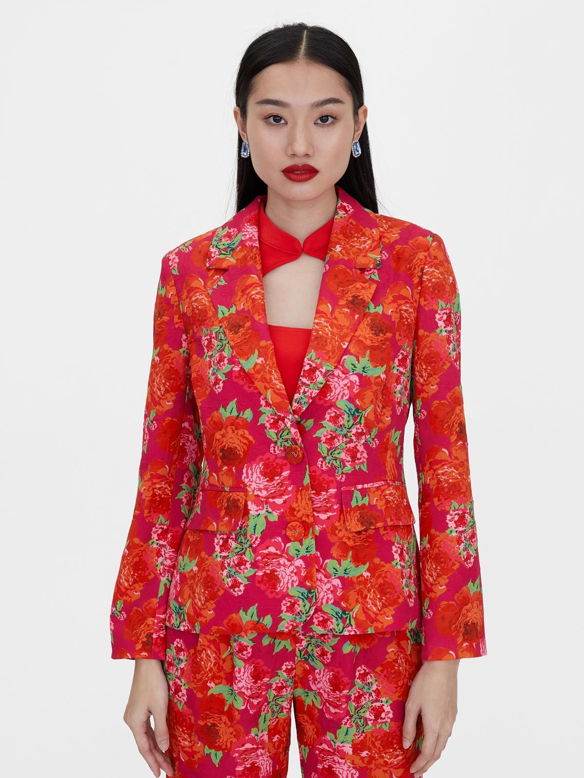 Long Sleeve Flower Print Blazer - Magenta