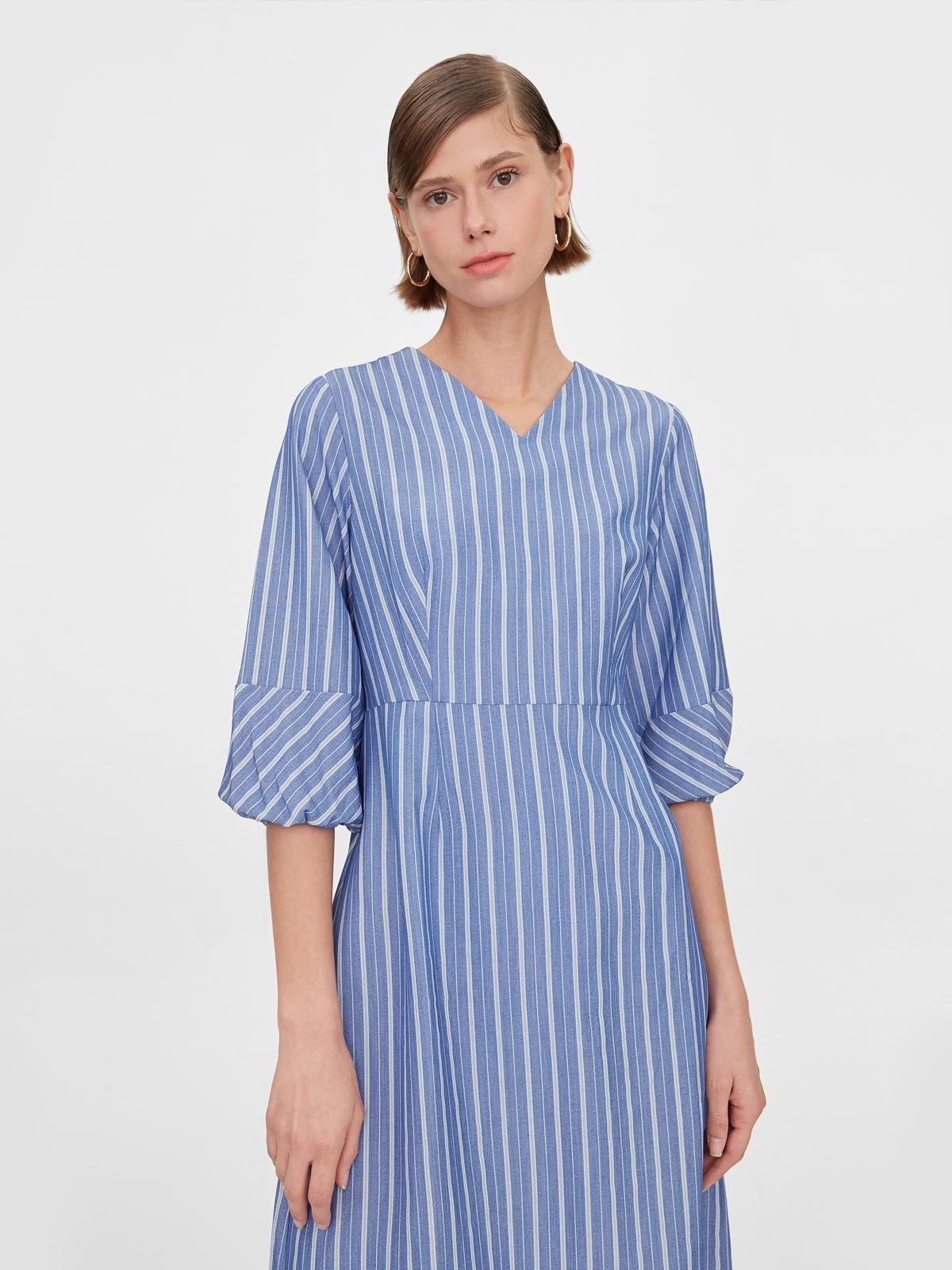Striped Print Puff Sleeve Dress - Blue